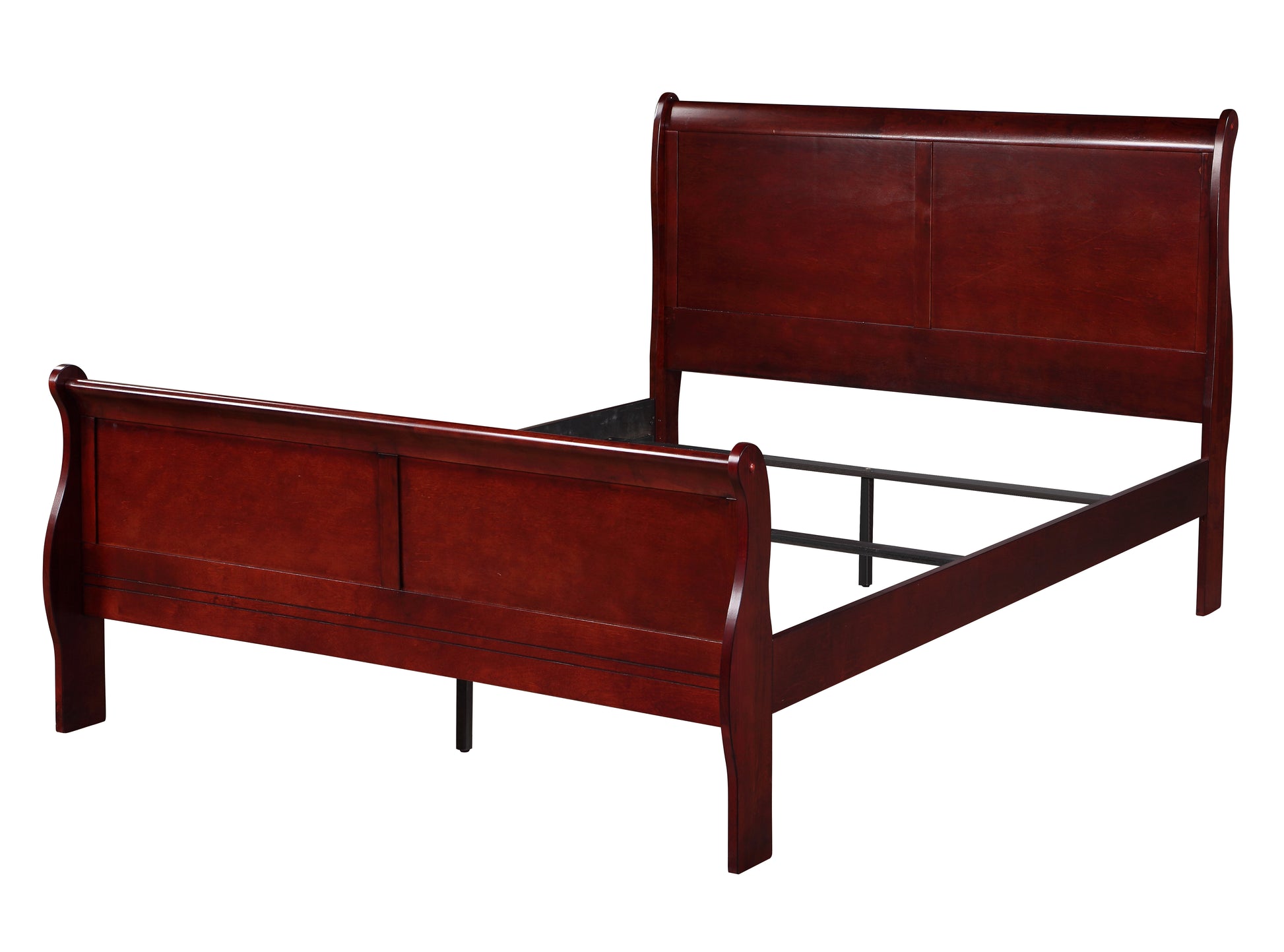 Dark cherry wood sleigh bed frame with curved headboard and footboard