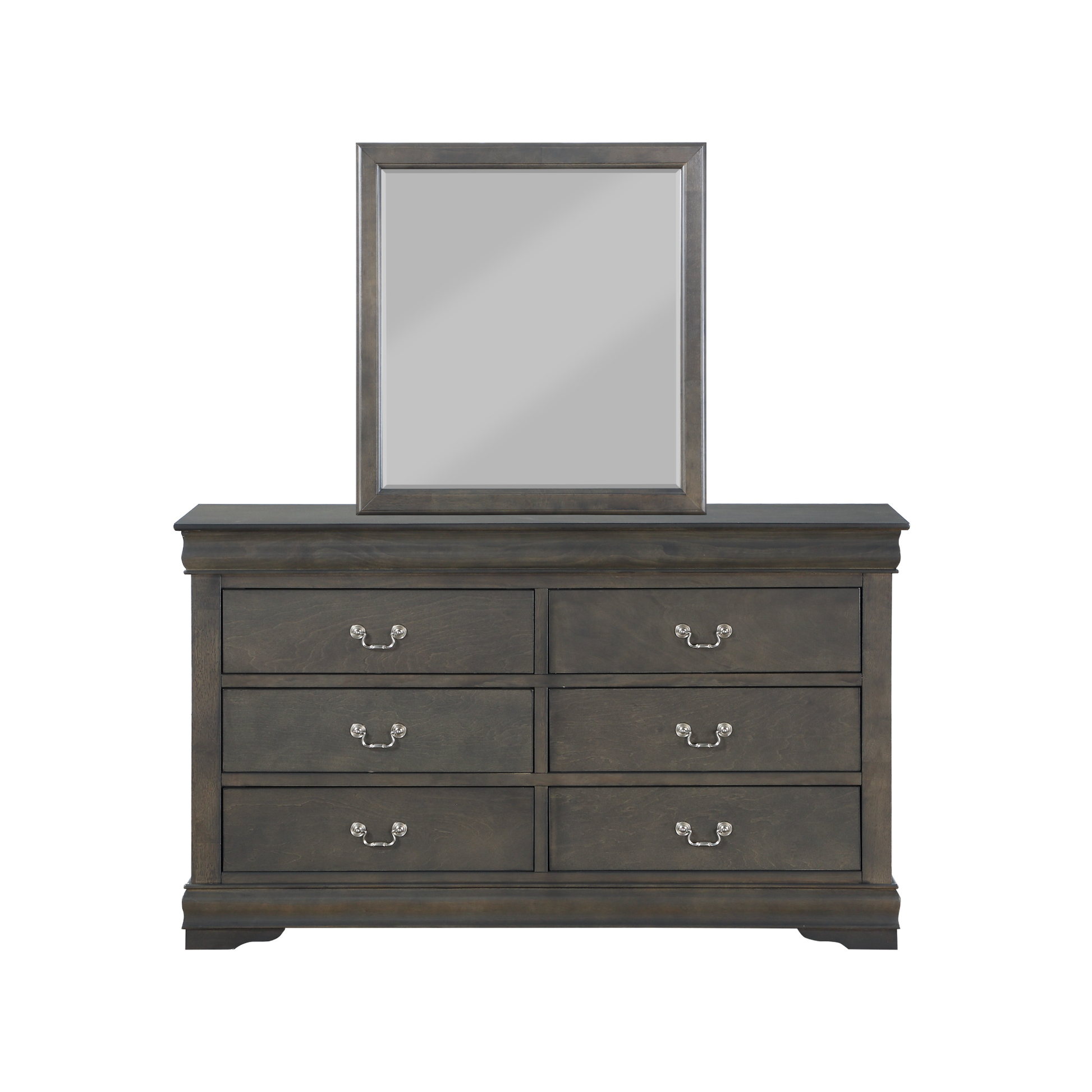 Dark gray dresser with six drawers and an attached mirror