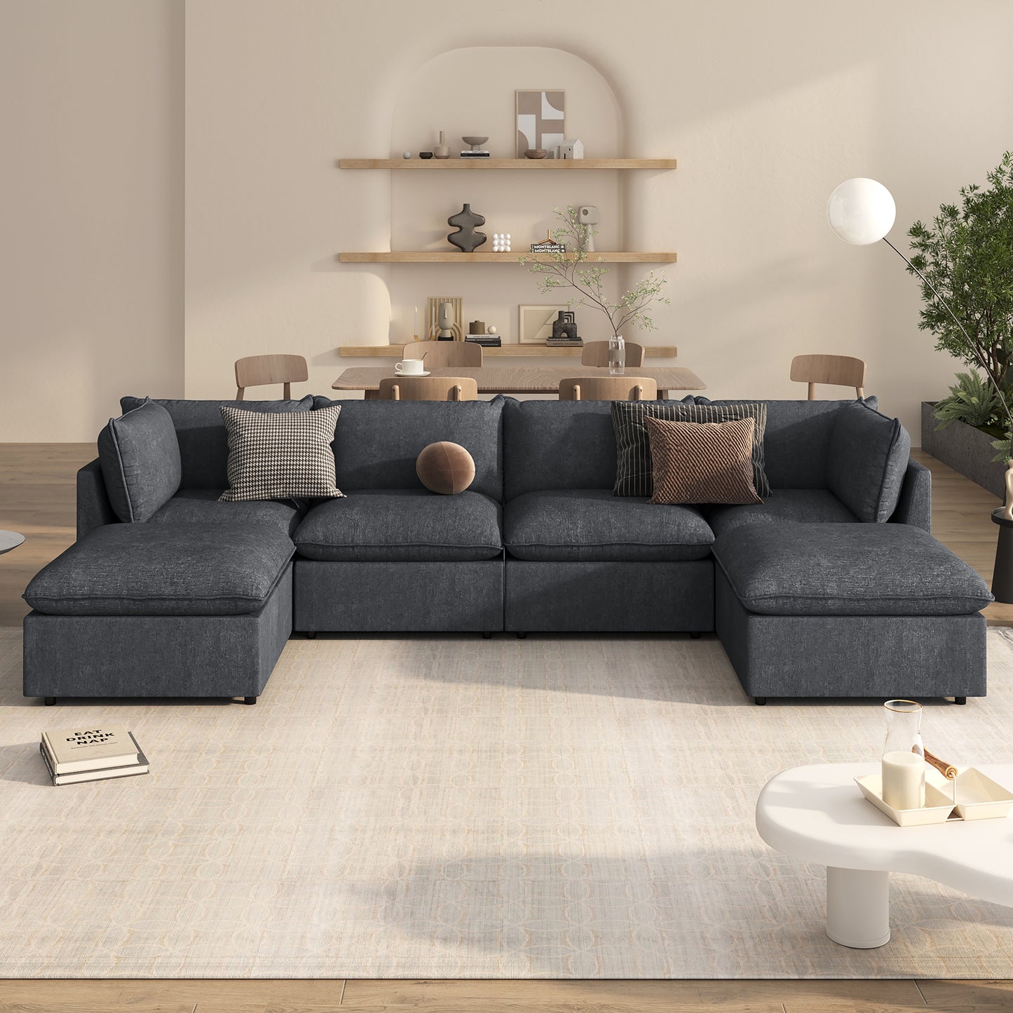 Dark grey sectional modular sofa with plush cushions