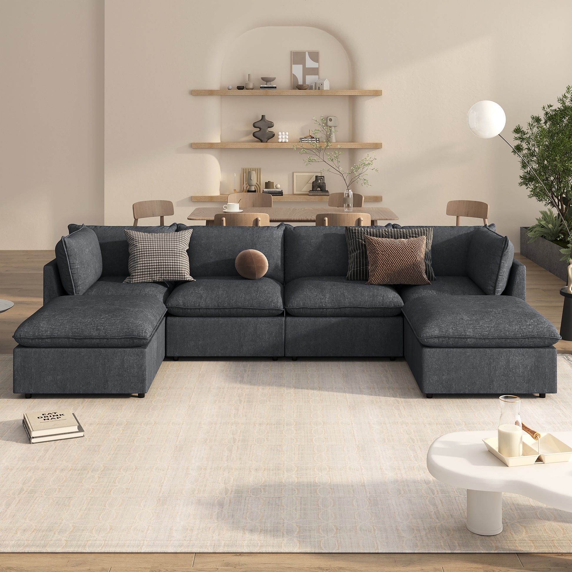Dark grey sectional modular sofa with plush cushions