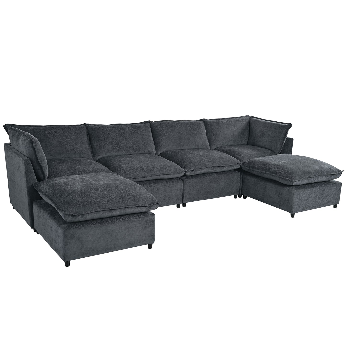 Charcoal grey modular sectional sofa with plush cushions and ottoman