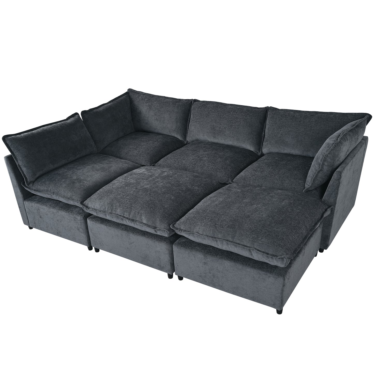 Deep charcoal fabric modular sectional sofa with plush cushions and wide armrests