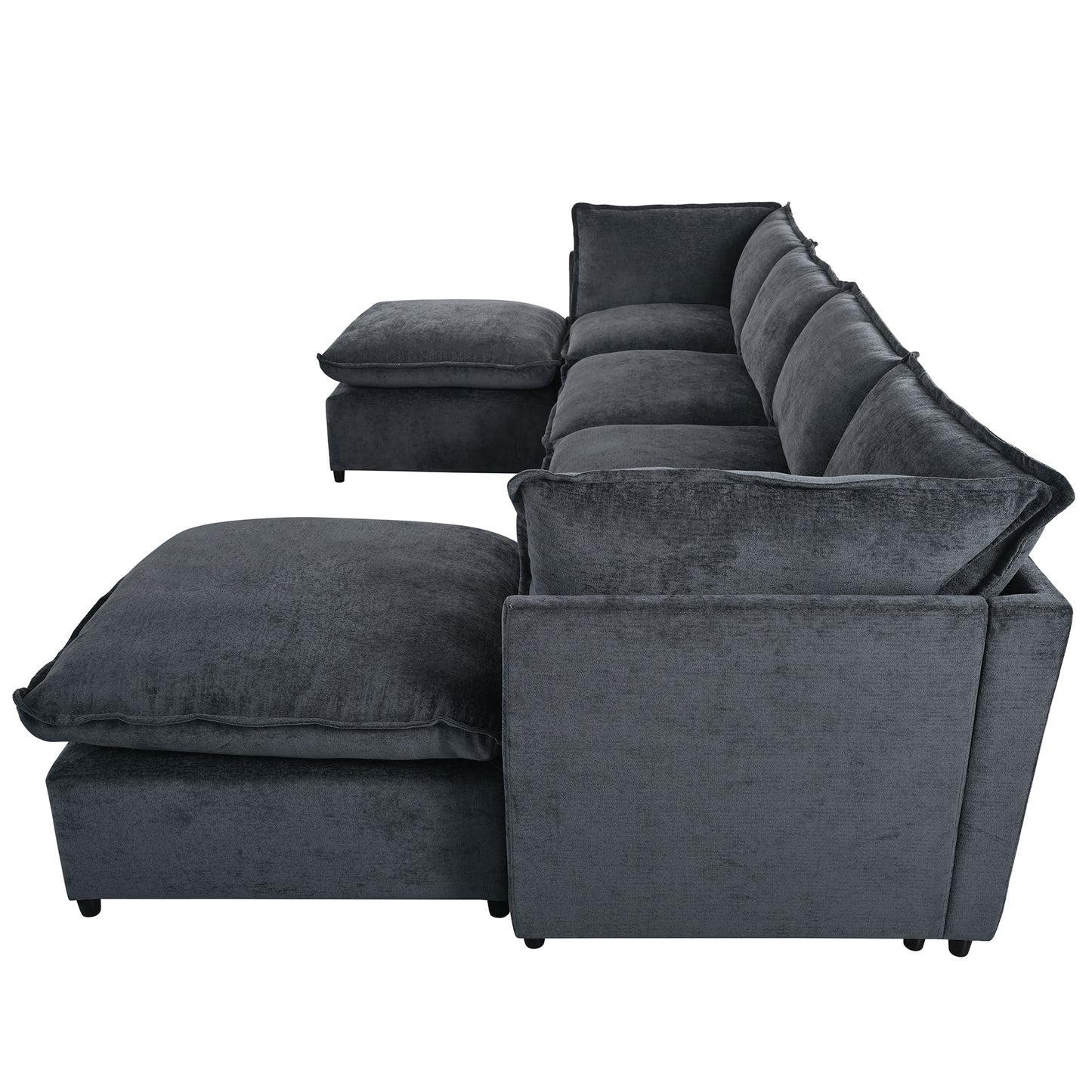 Plush dark grey velvet sectional sofa with chaise lounge and deep cushions