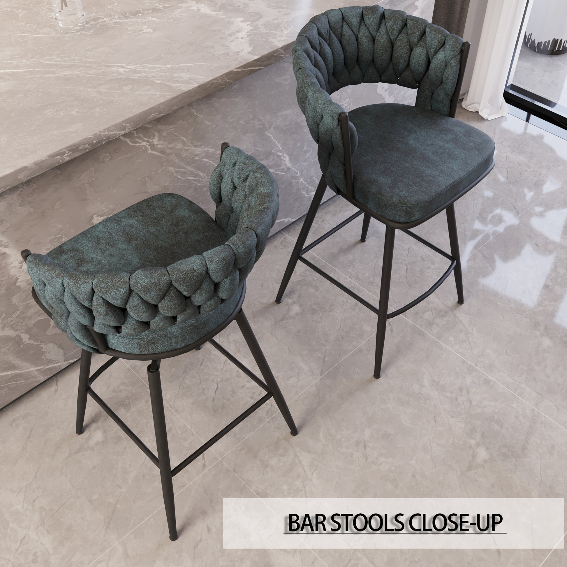 Teal braided back bar stools with black metal legs