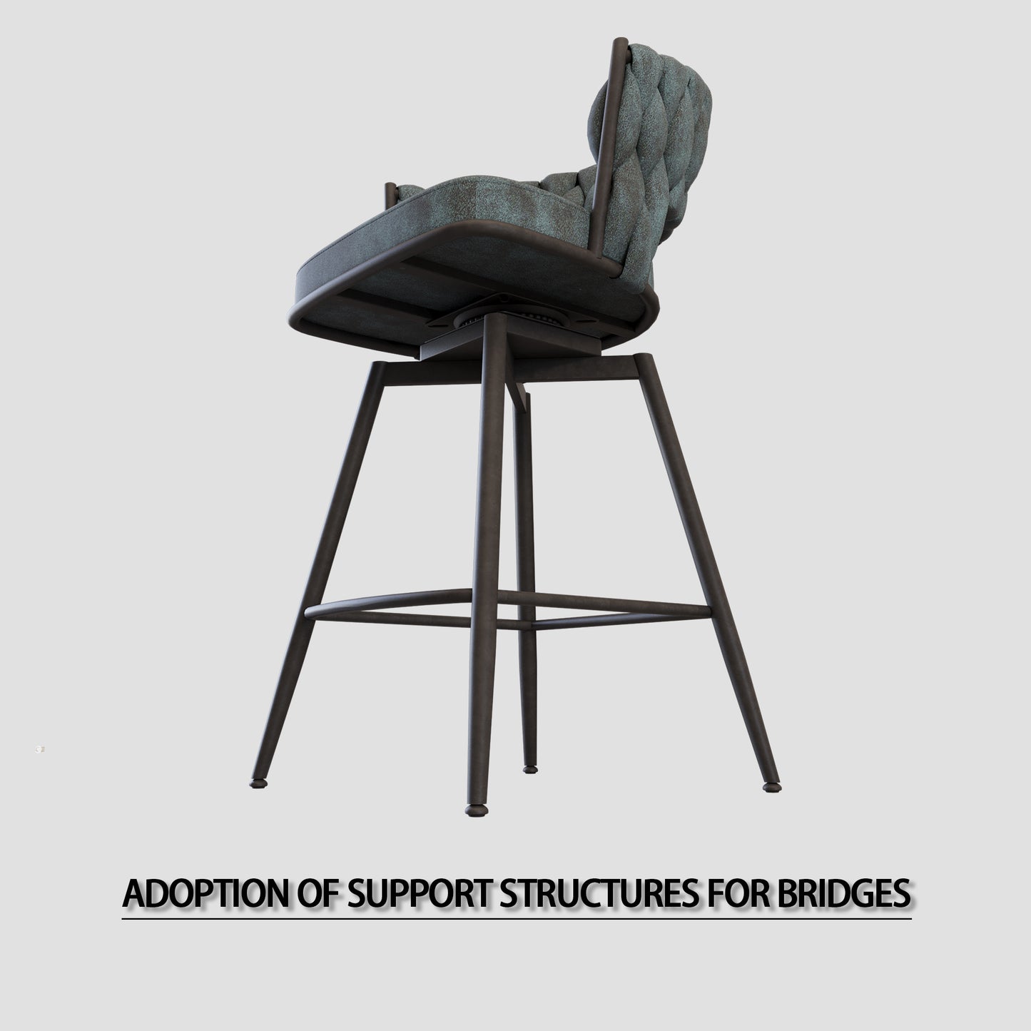 Tufted distressed teal upholstered swivel bar stool with dark metal legs