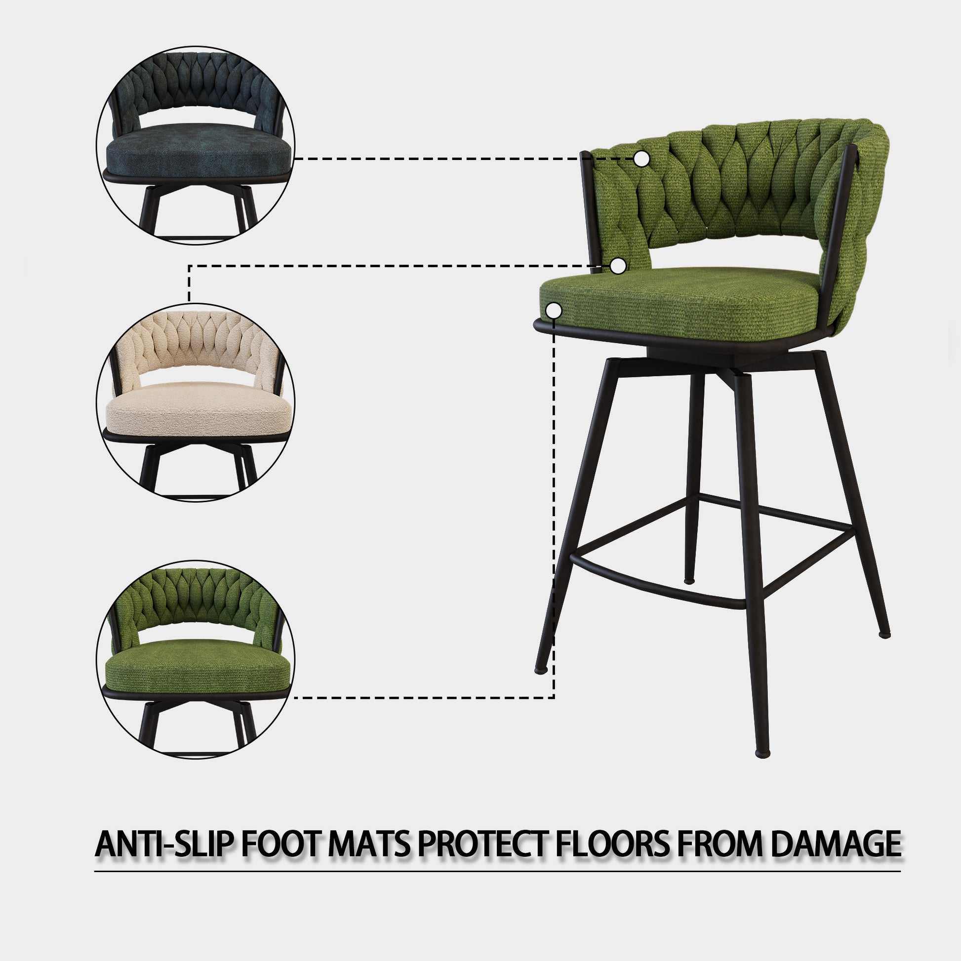 Green braided back bar stool with swiveling seat
