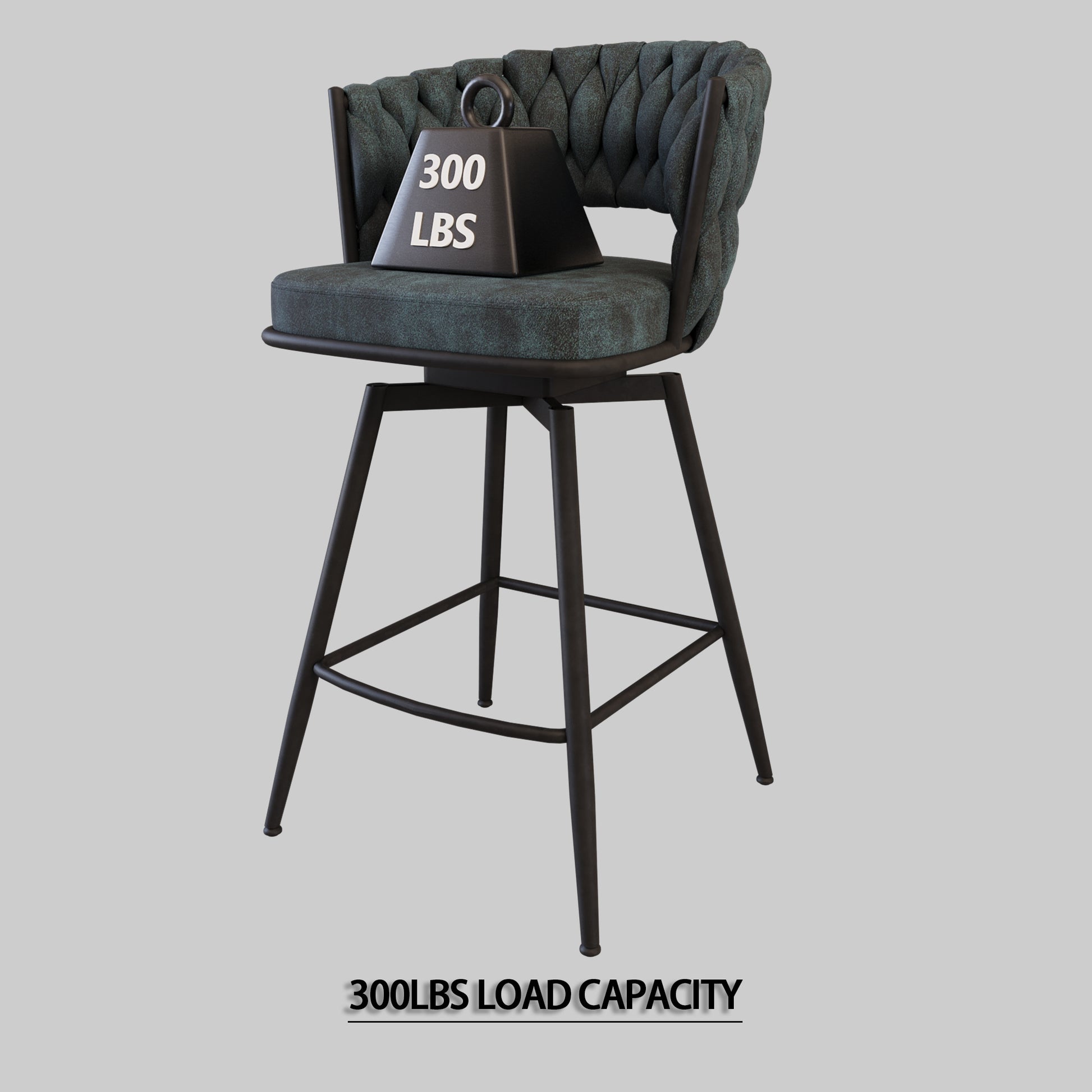 Dark teal tufted bar stool with lbs load capacity featuring metal legs