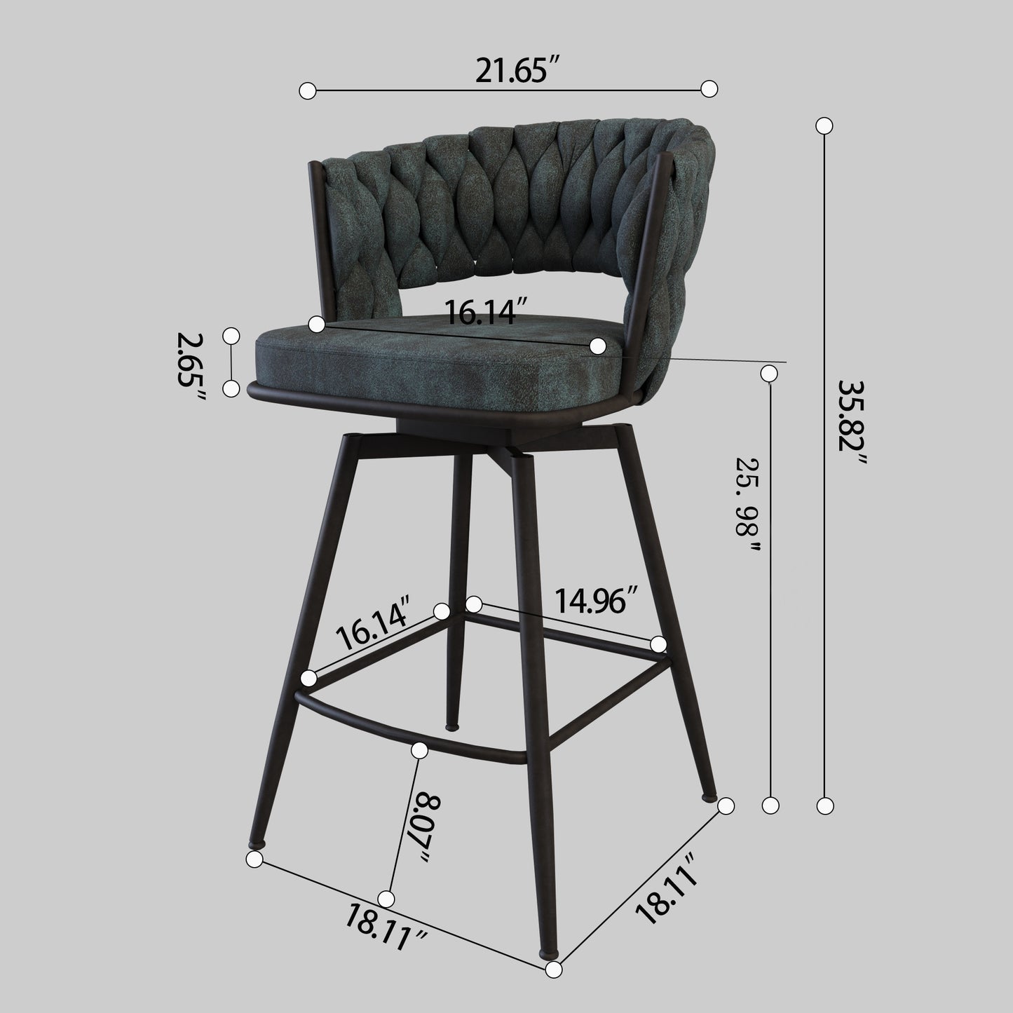 Dark teal swivel bar stool with braided upholstery and black metal legs