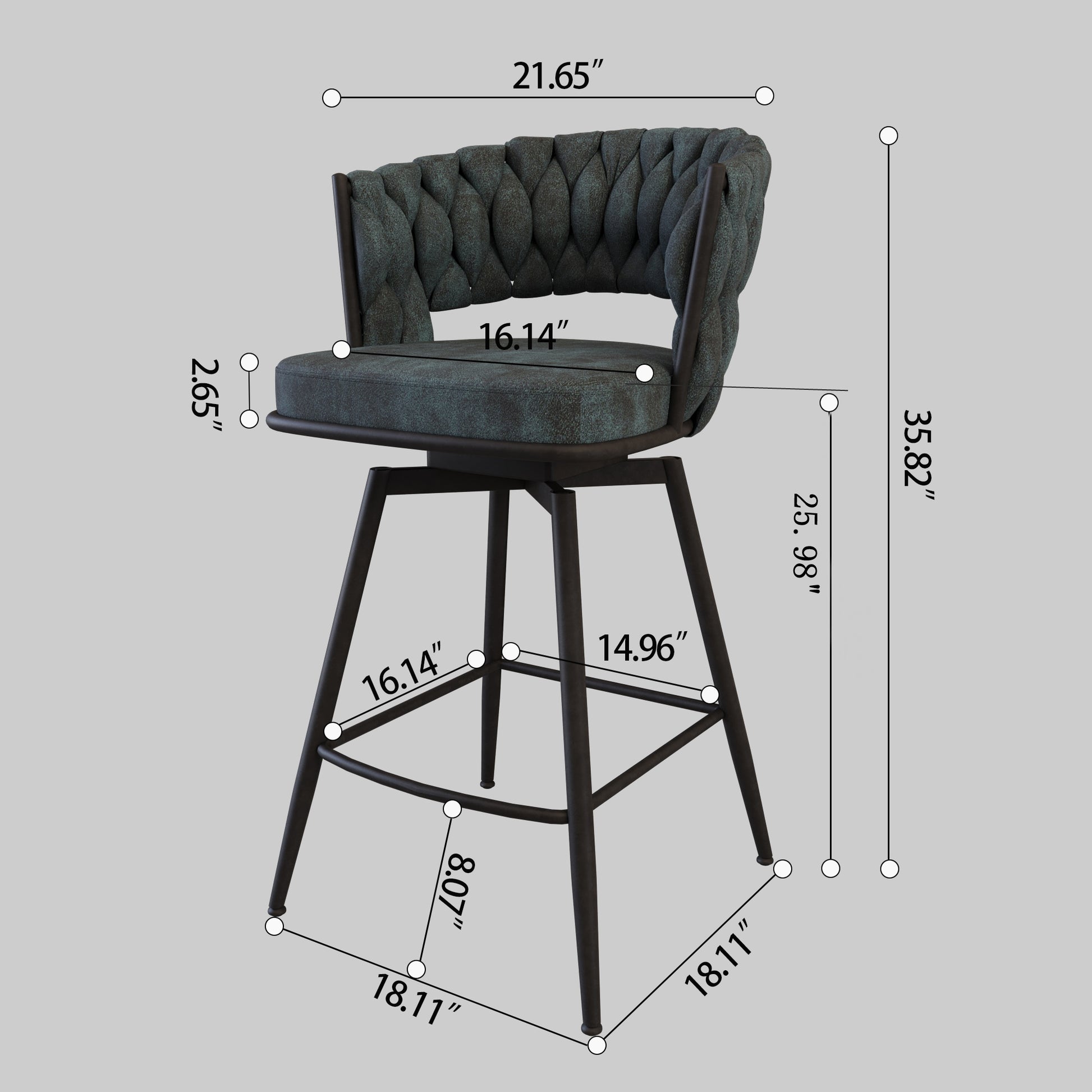 Dark teal swivel bar stool with braided upholstery and black metal legs