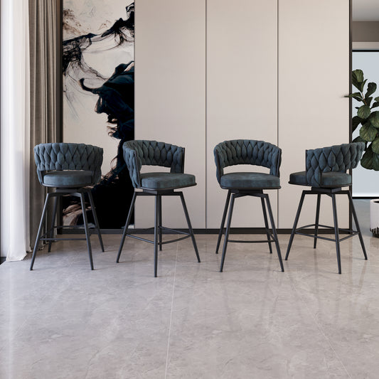 Four dark teal tufted swivel bar stools with black metal legs arranged in a modern dining room