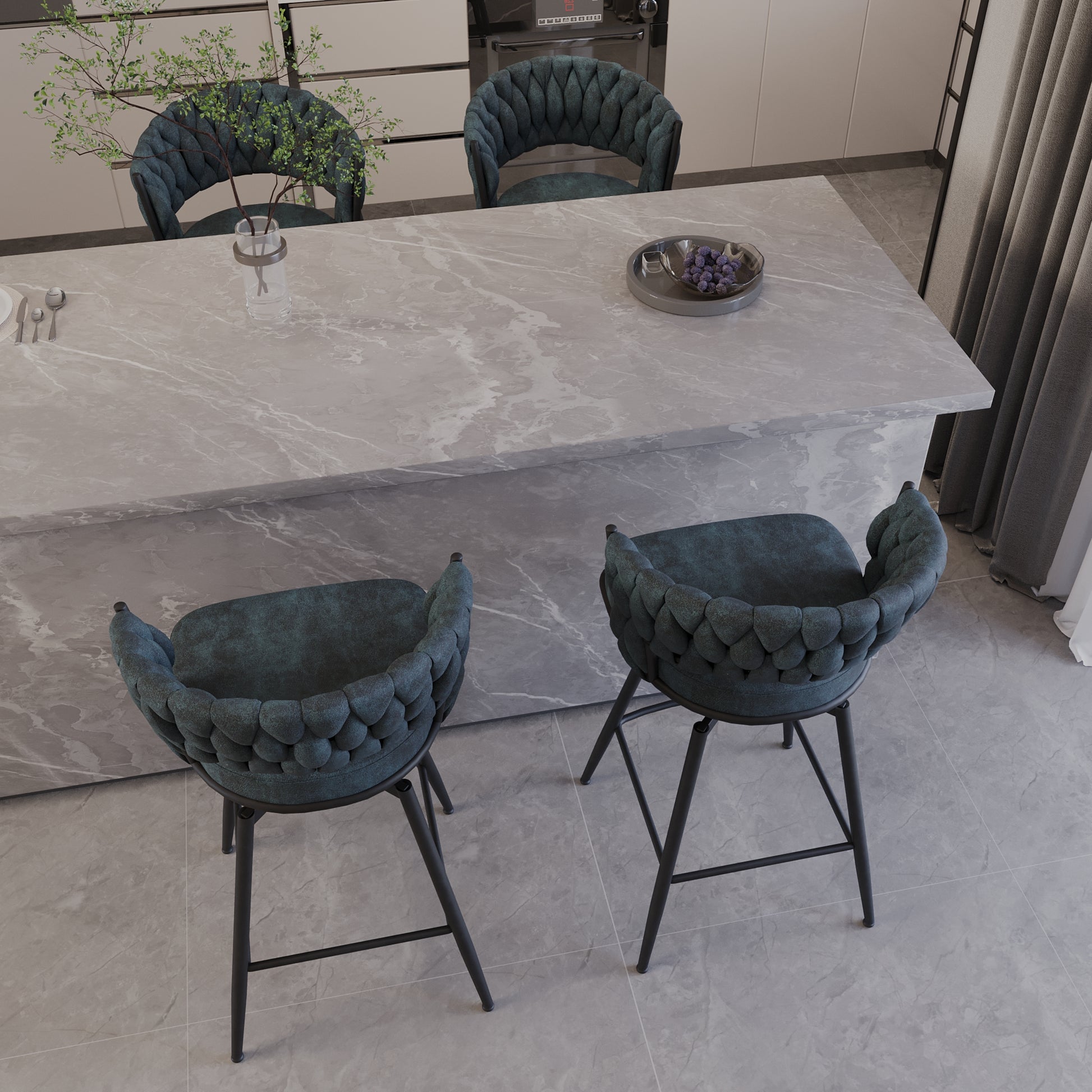 Teal velvet bar stool with braided backrest and black metal legs