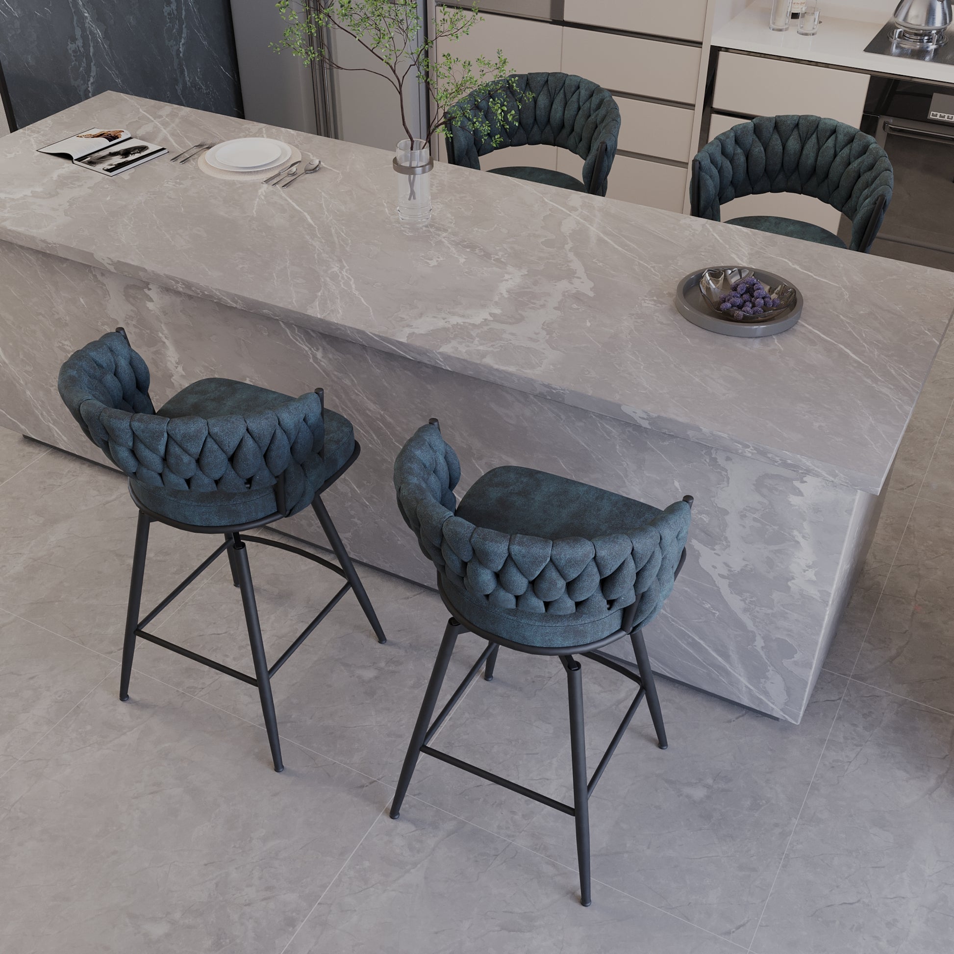 Teal tufted swivel bar stool with black metal legs