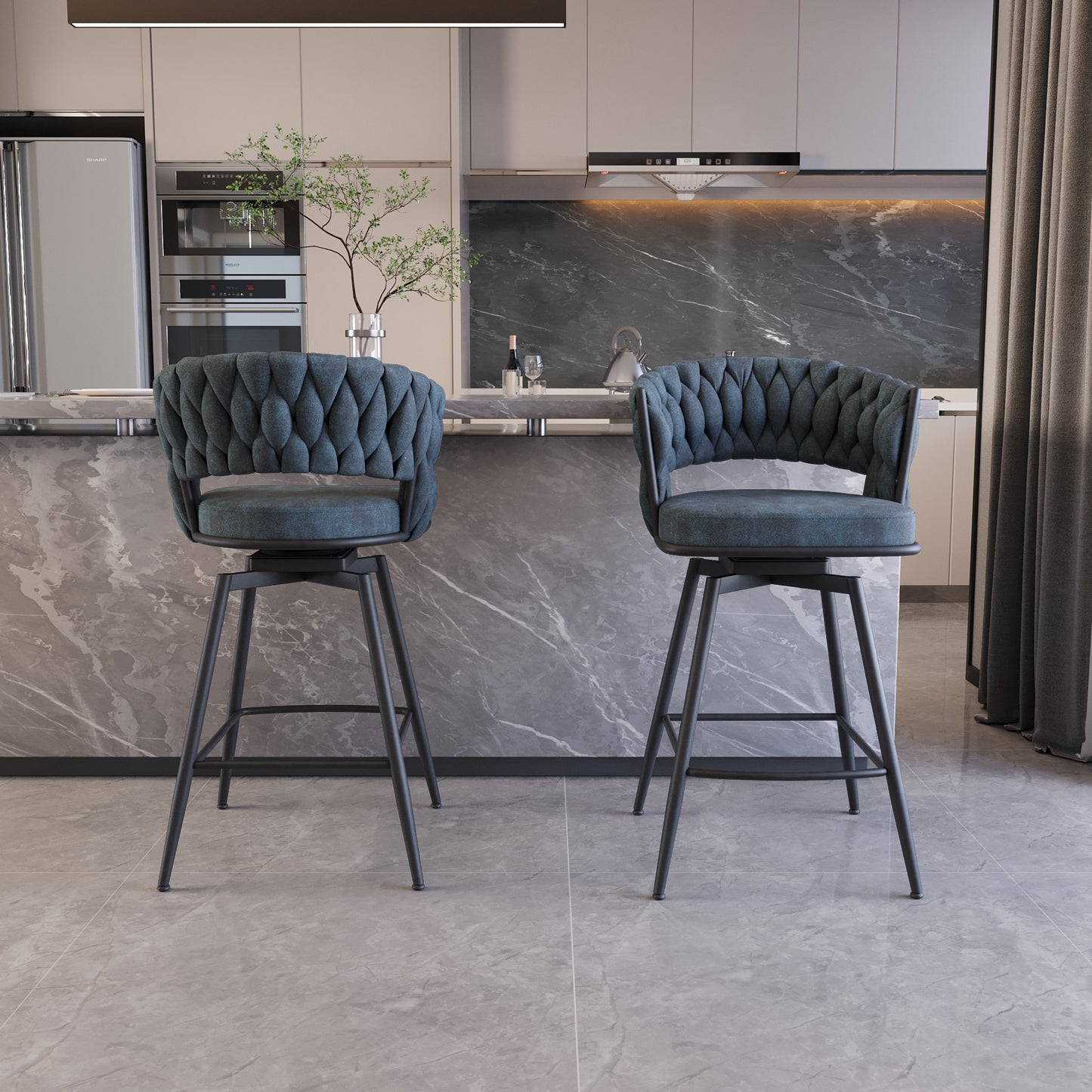 Teal upholstered swivel bar stool with tufted backrest and black metal legs