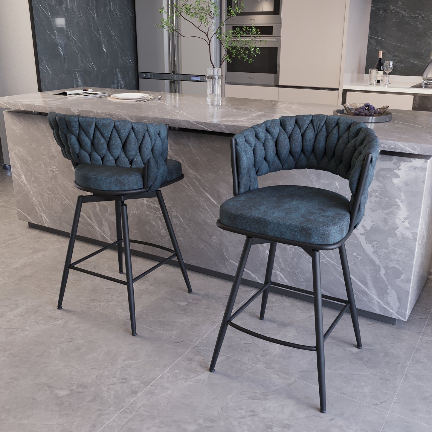 Teal velvet braided back bar stool with swivel seat