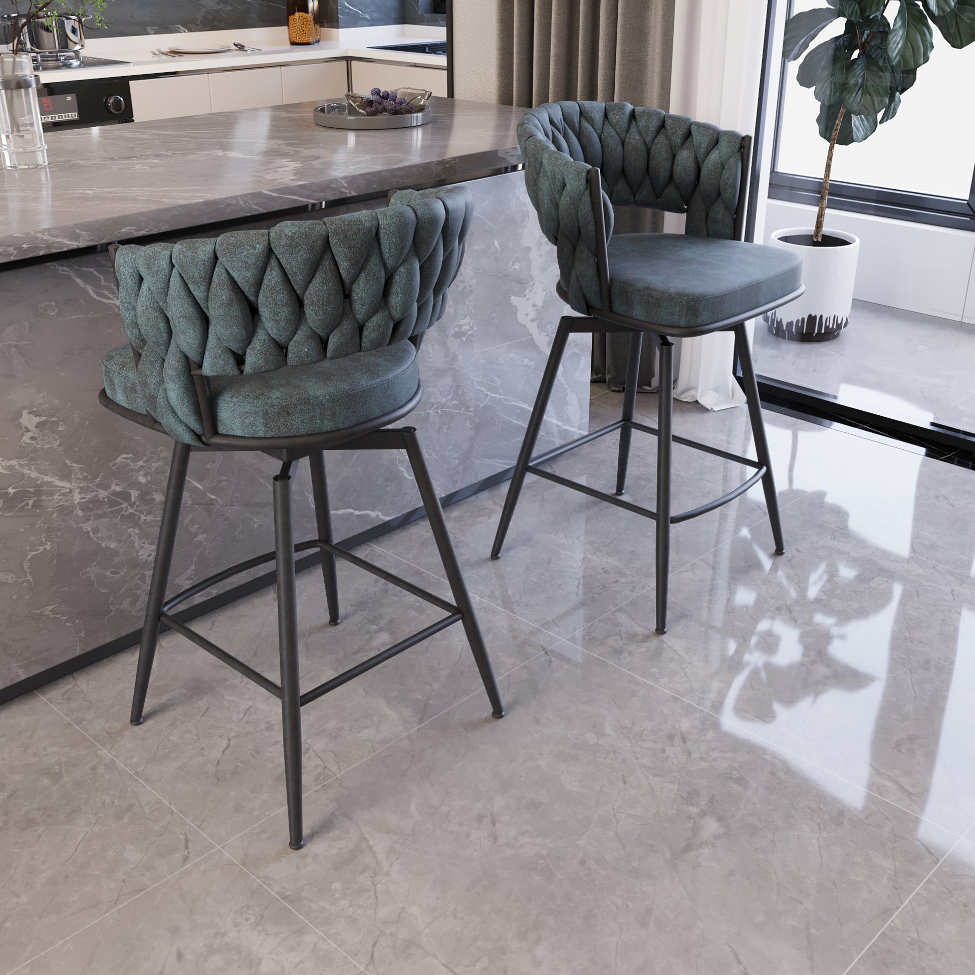 Teal tufted back swivel bar stool with black metal legs and footrest