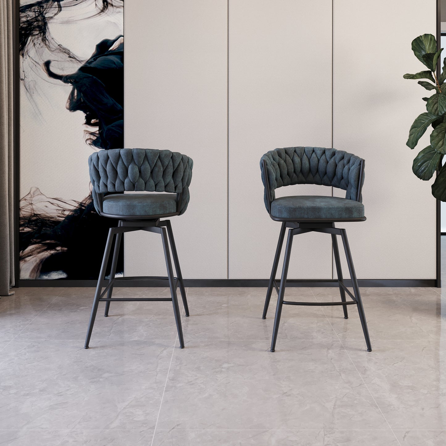 Deep blue tufted swivel bar stool with dark metal legs