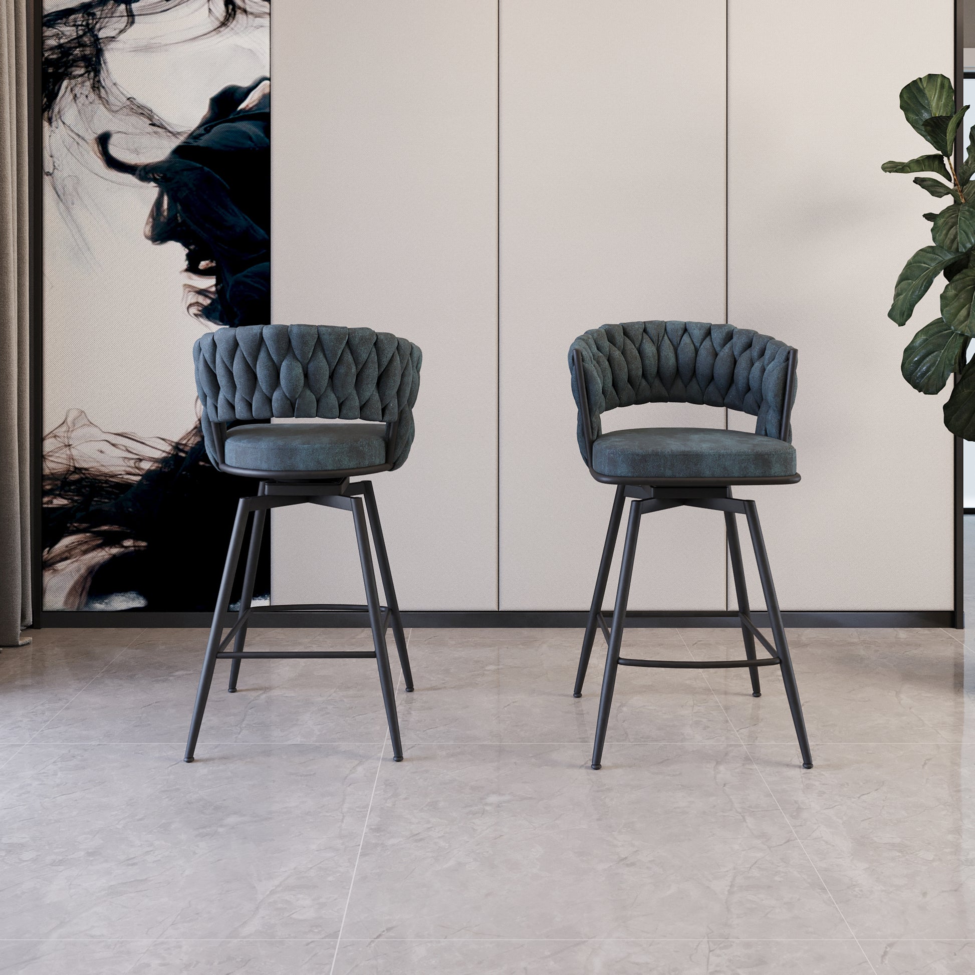 Deep blue tufted swivel bar stool with dark metal legs
