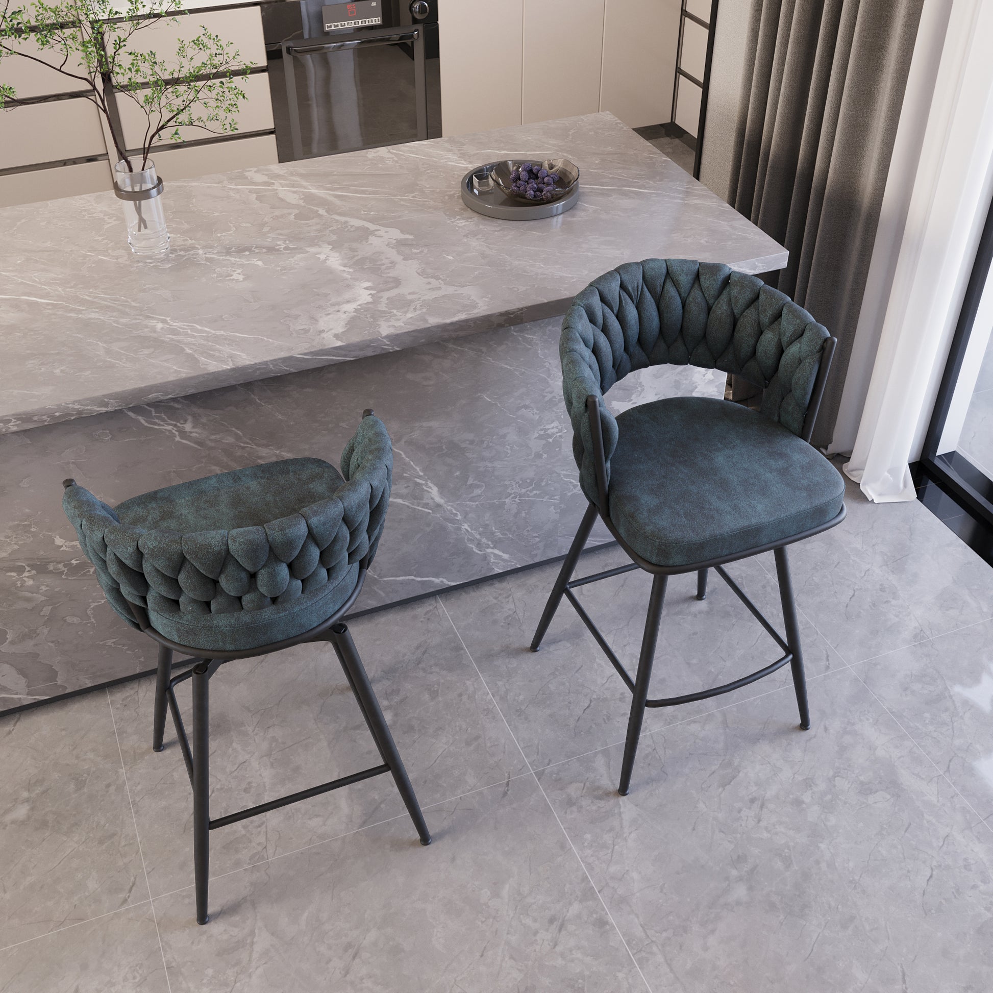 Teal upholstered bar stool with woven back and black metal legs