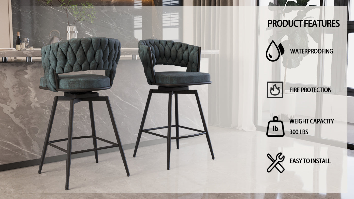 Dark teal upholstered swivel bar stool with tufted back
