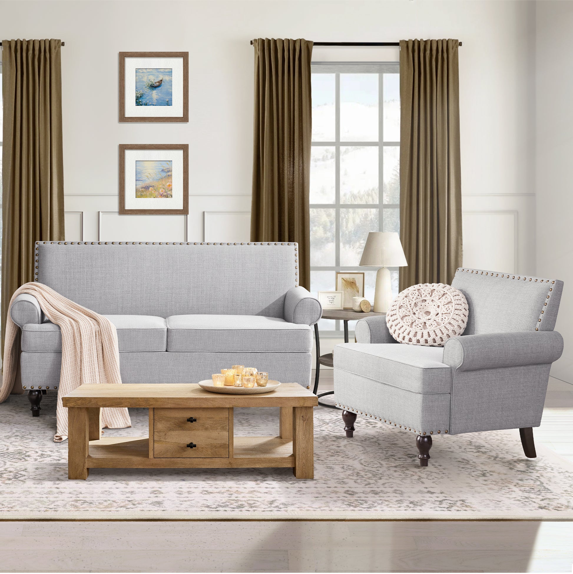 Light grey linen loveseat with nailhead trim and rolled arms