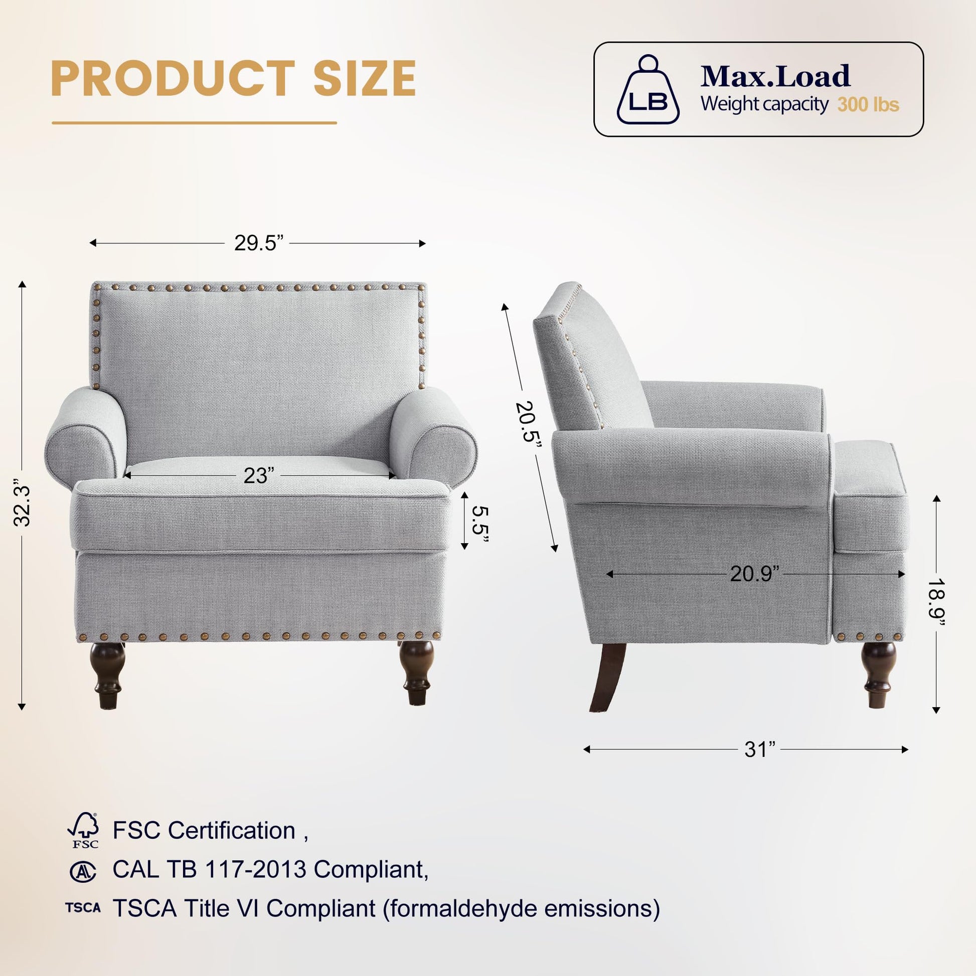 Light gray fabric accent chair with nailhead trim and wooden legs  H x  W