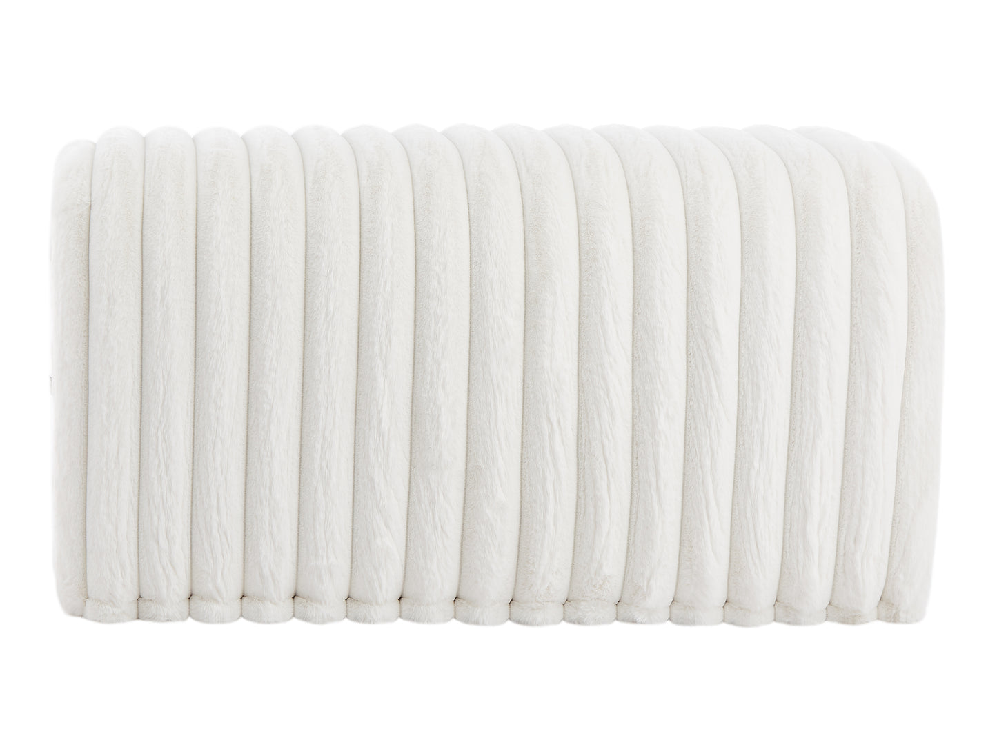 Plush white faux fur ottoman with vertical channel tufting