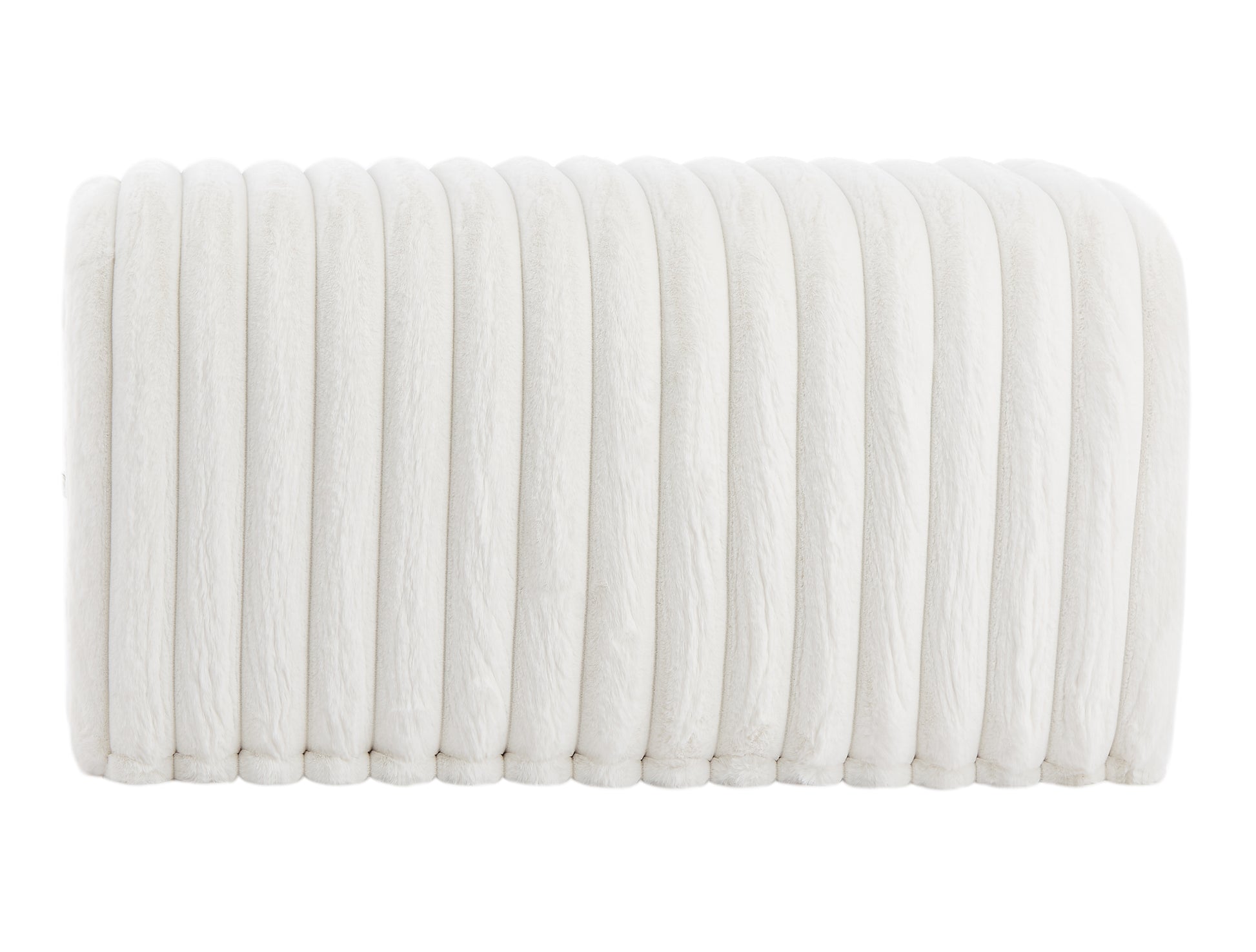 Plush white faux fur ottoman with vertical channel tufting