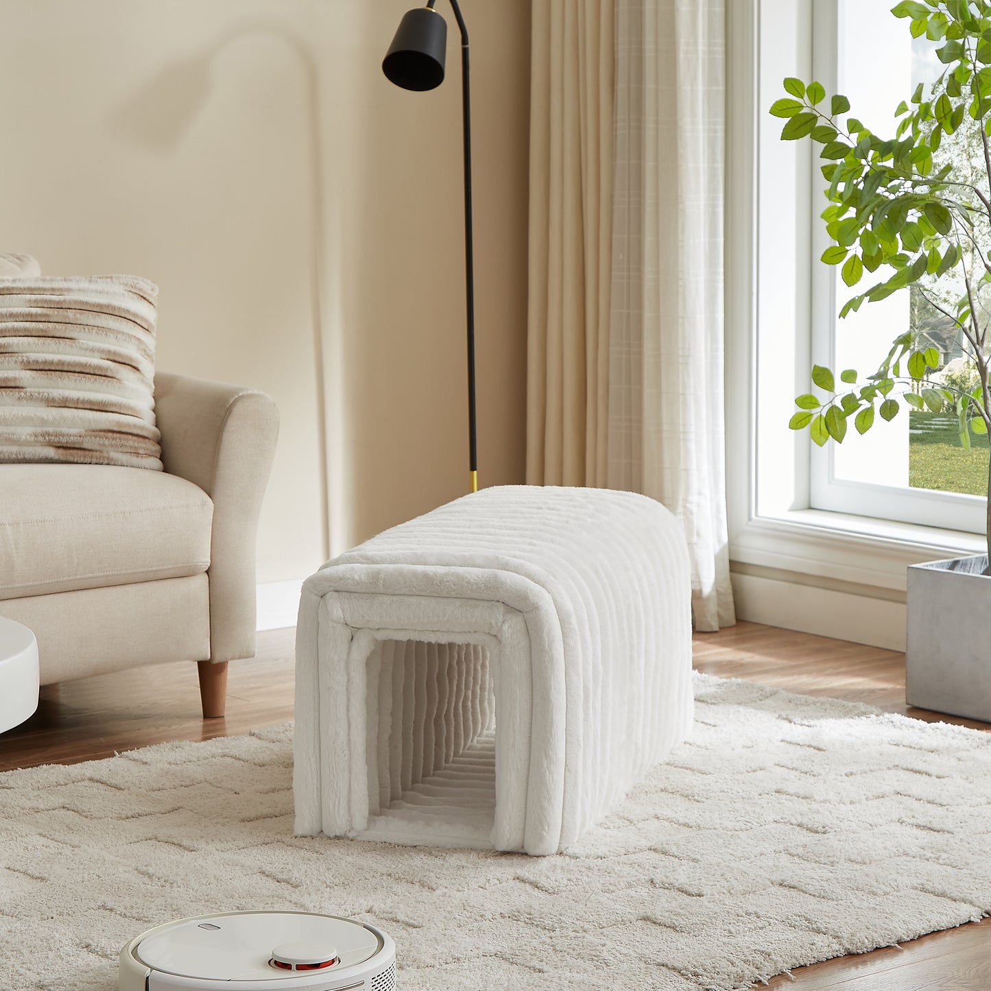 Plush white cat tunnel bed with ribbed texture