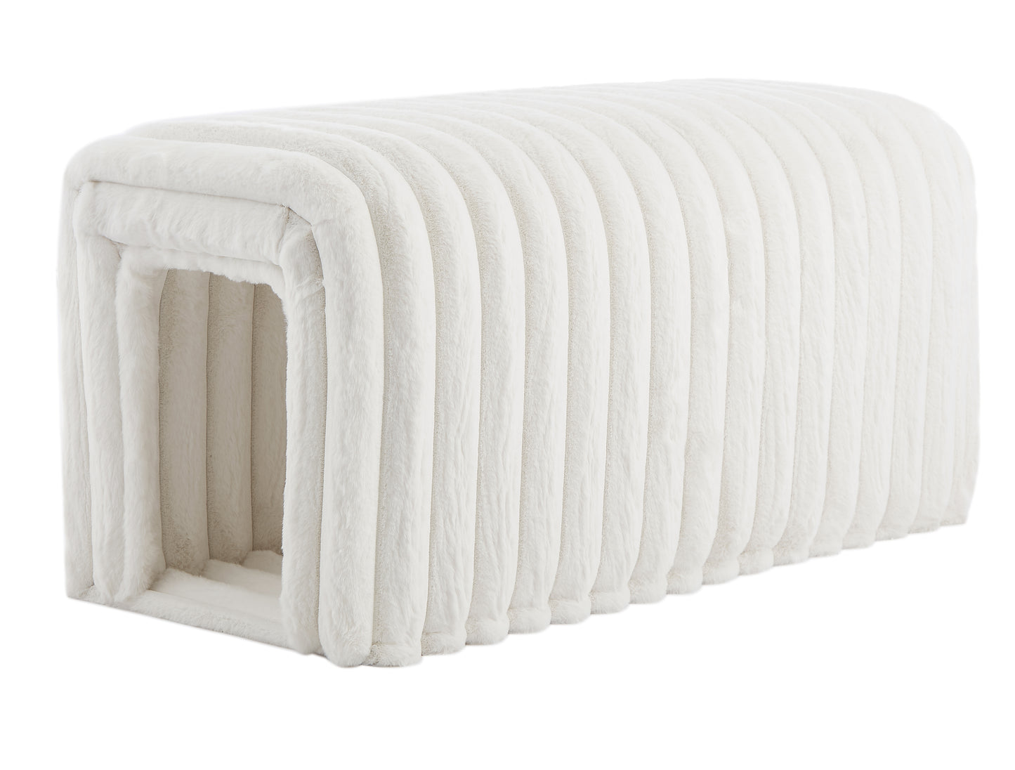 Plush white cat bed tunnel with ribbed texture