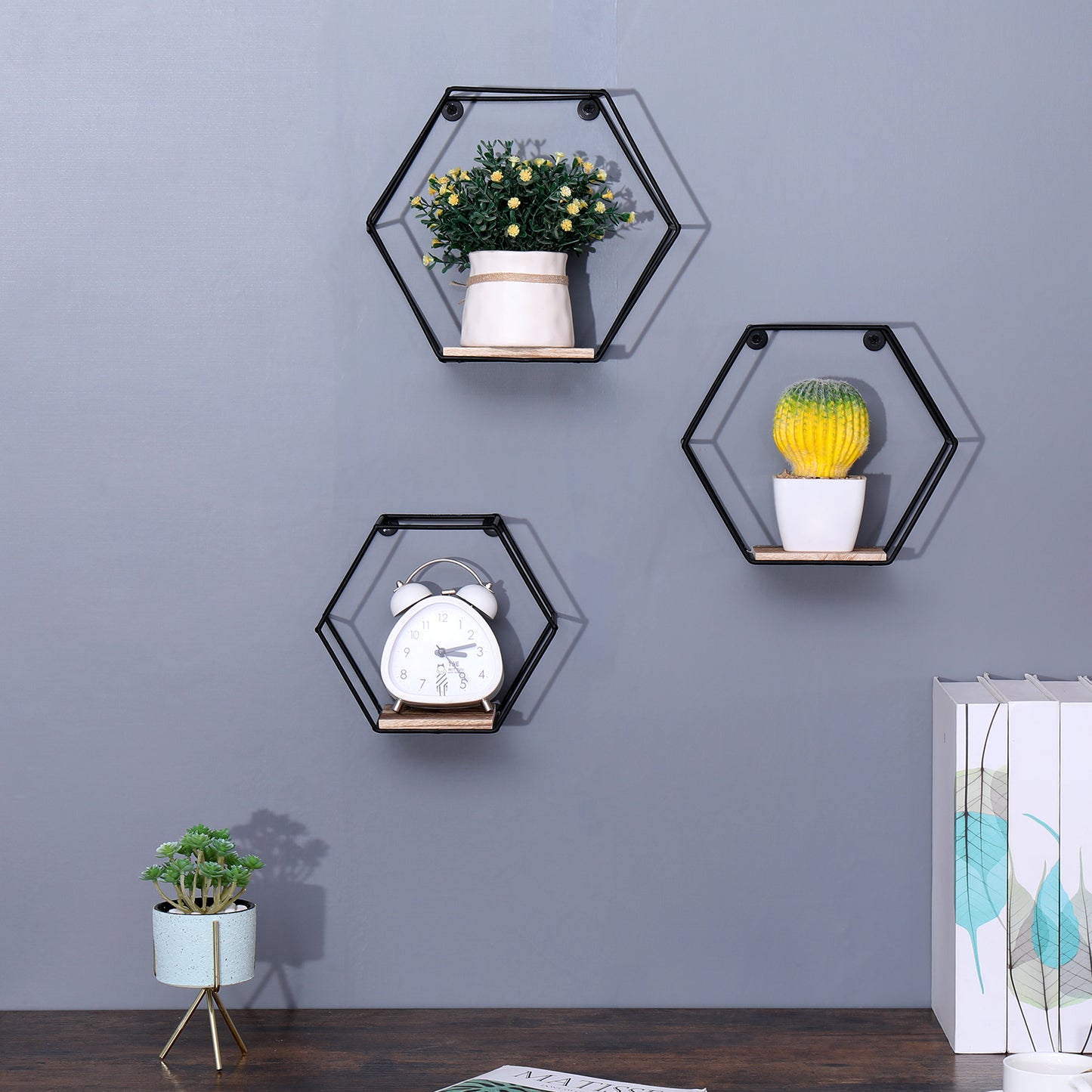 Black metal hexagonal wall shelf with yellow potted plant