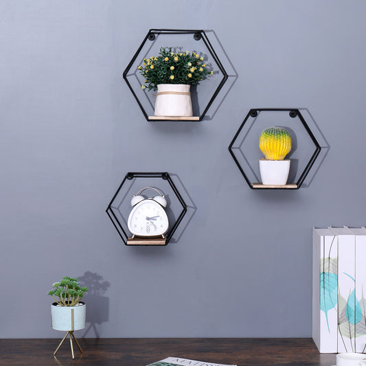 Black metal hexagonal wall shelf with yellow potted plant