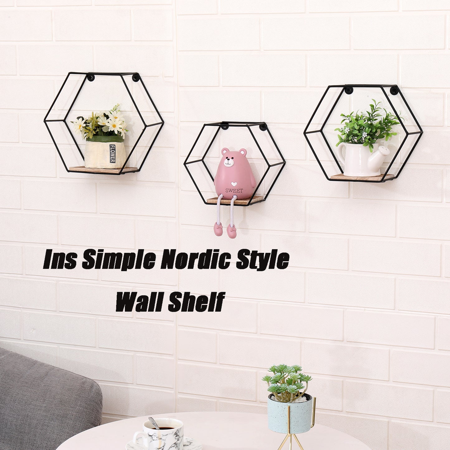 Black geometric wall shelf with wooden base and floral decor