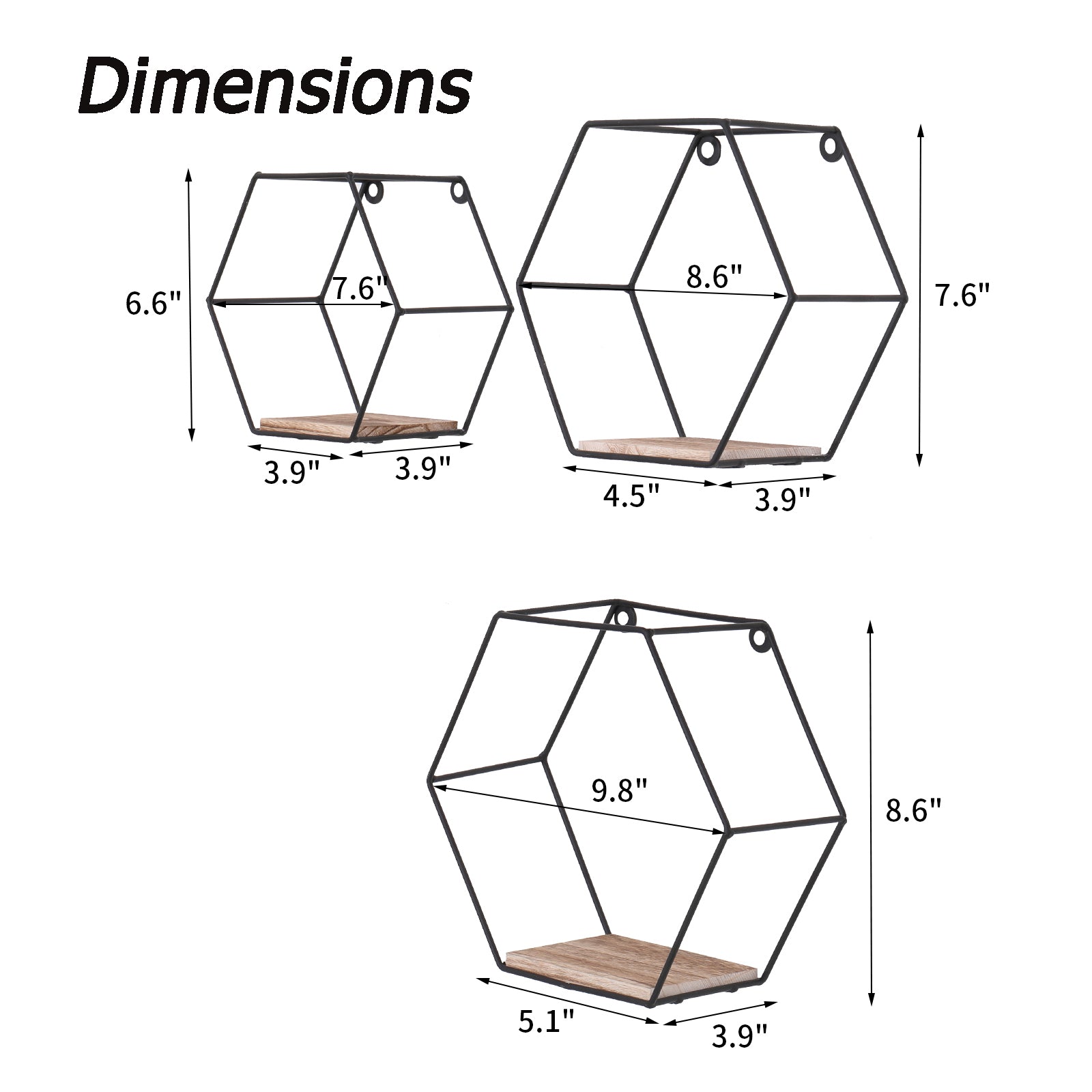 Three geometric metal wall shelves with wood bases in black displaying dimensions for size comparison