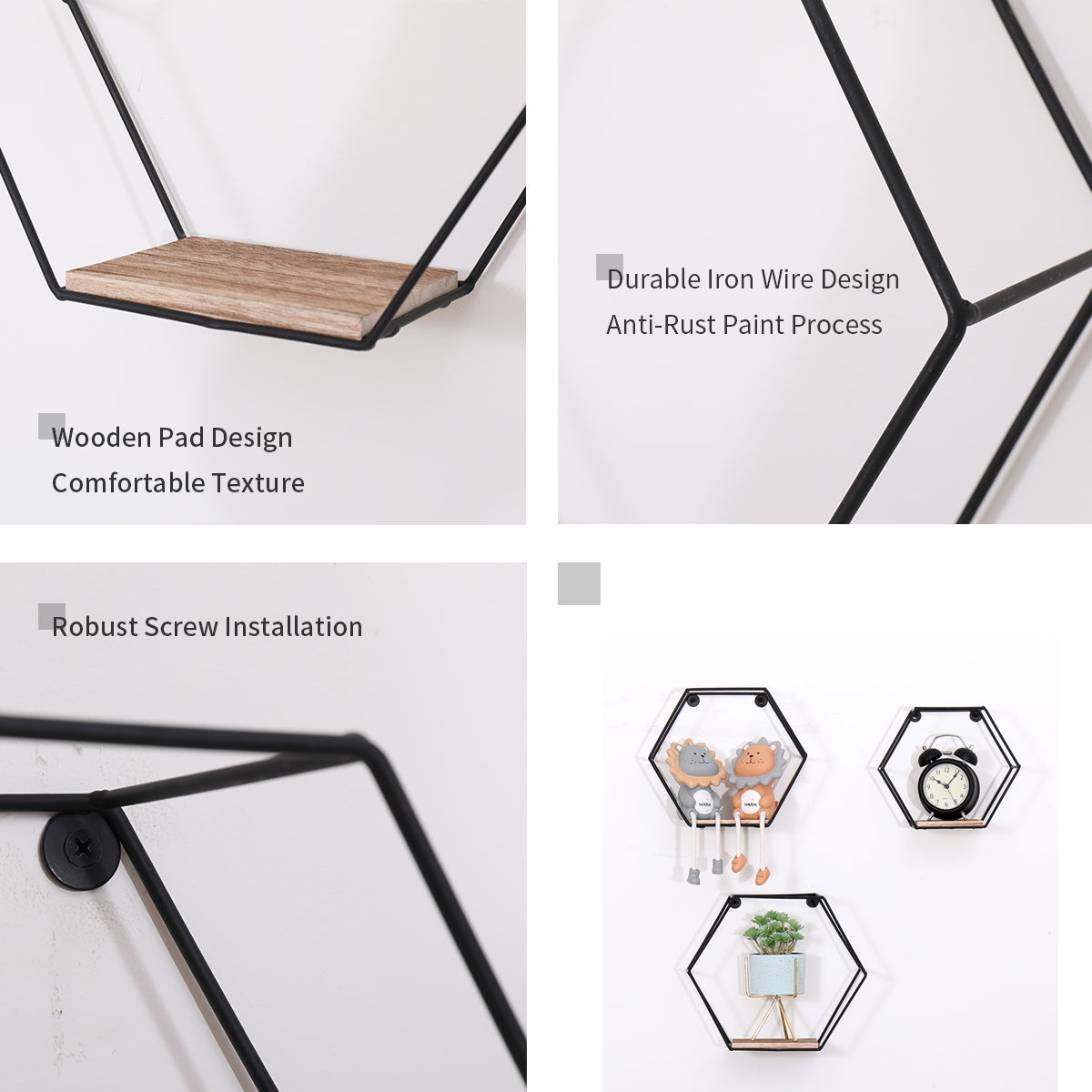 Black metal hexagon wall shelf with wooden base