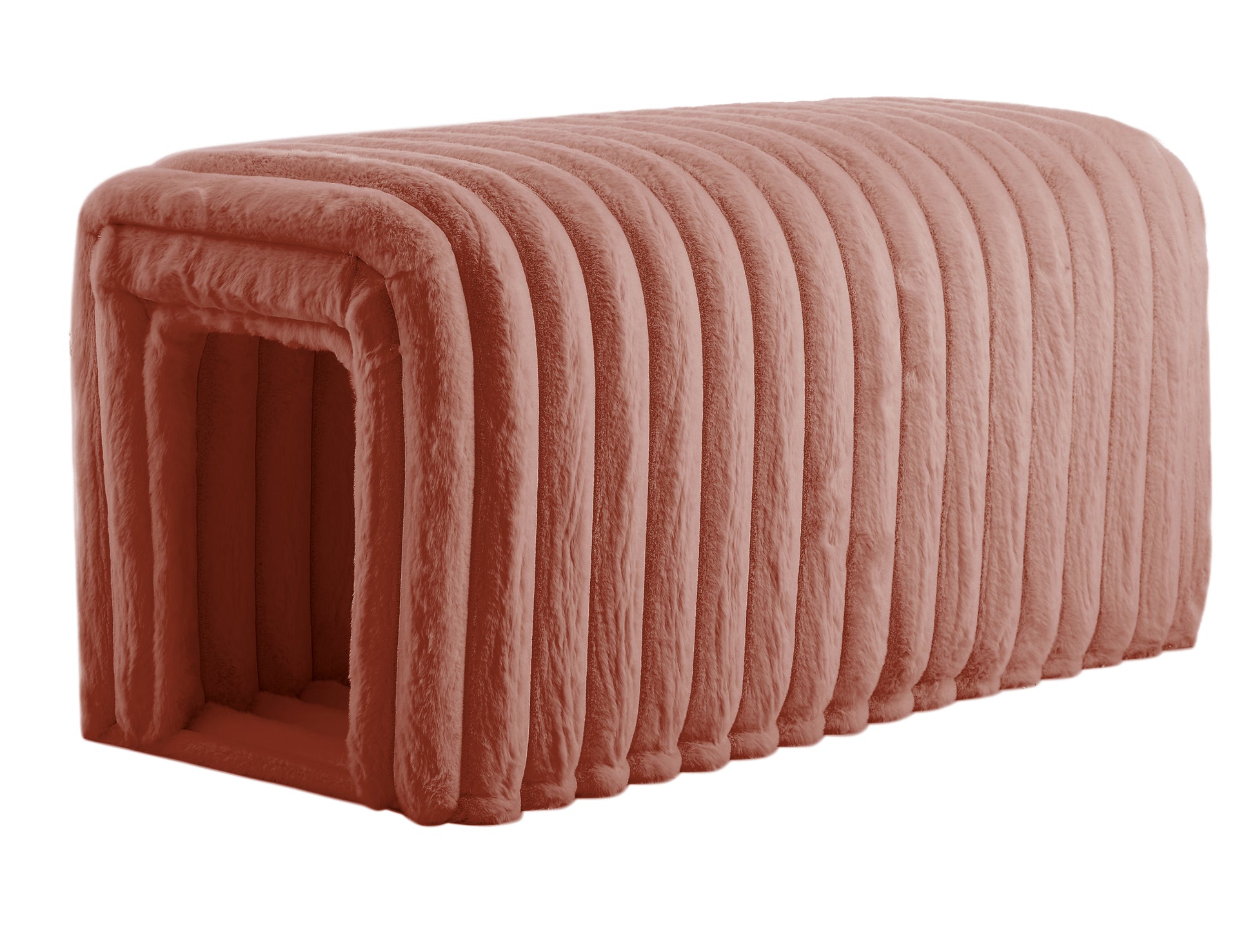 Soft coral velvet pet bed tunnel with plush ribbed texture