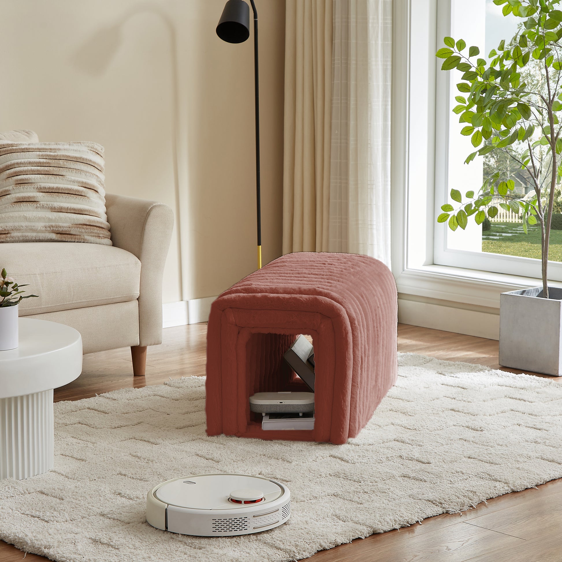 Salmon pink plush pet ottoman with internal storage