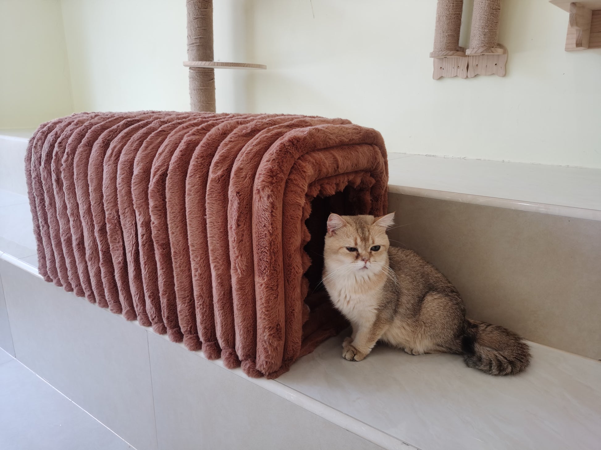 Fluffy brown cat tunnel bed with plush material