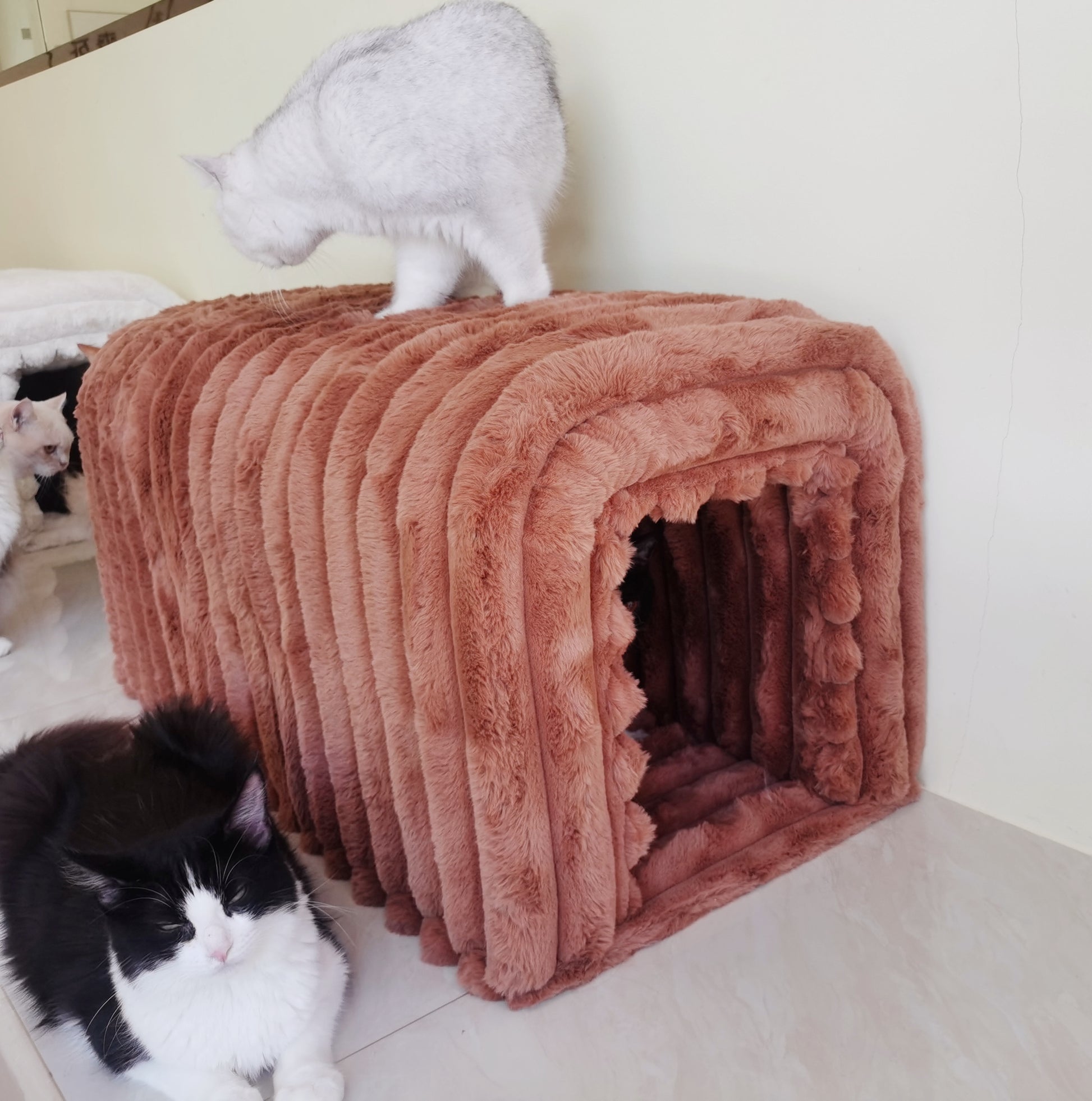 Rose gold plush cat tunnel bed with ribbed texture