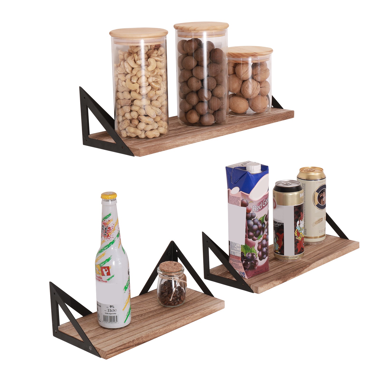 Wooden wall shelf with three glass jars of nuts