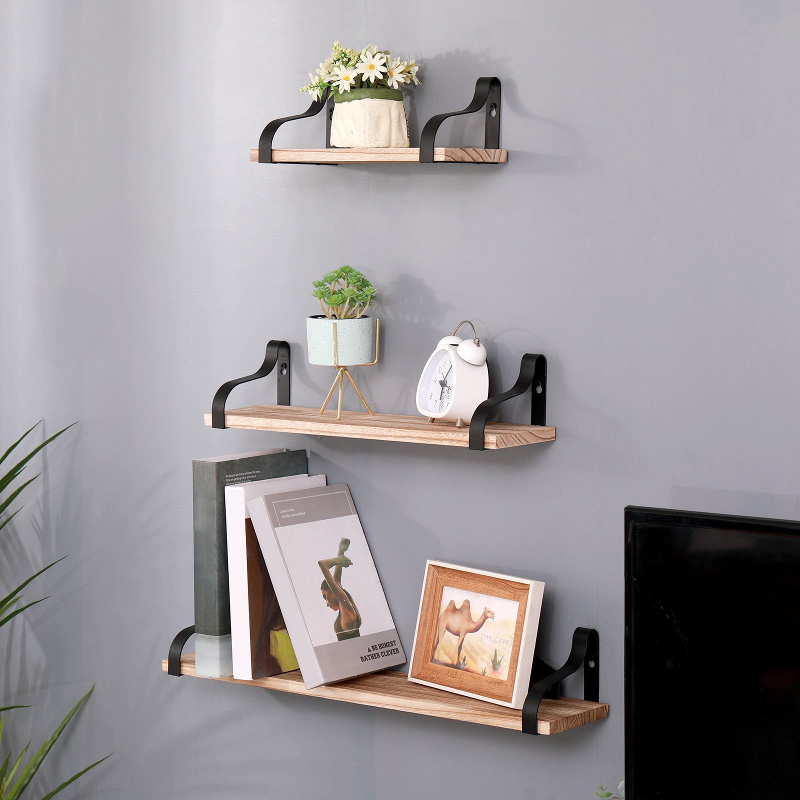 Wooden wall shelf with black metal bracket holding white flowers