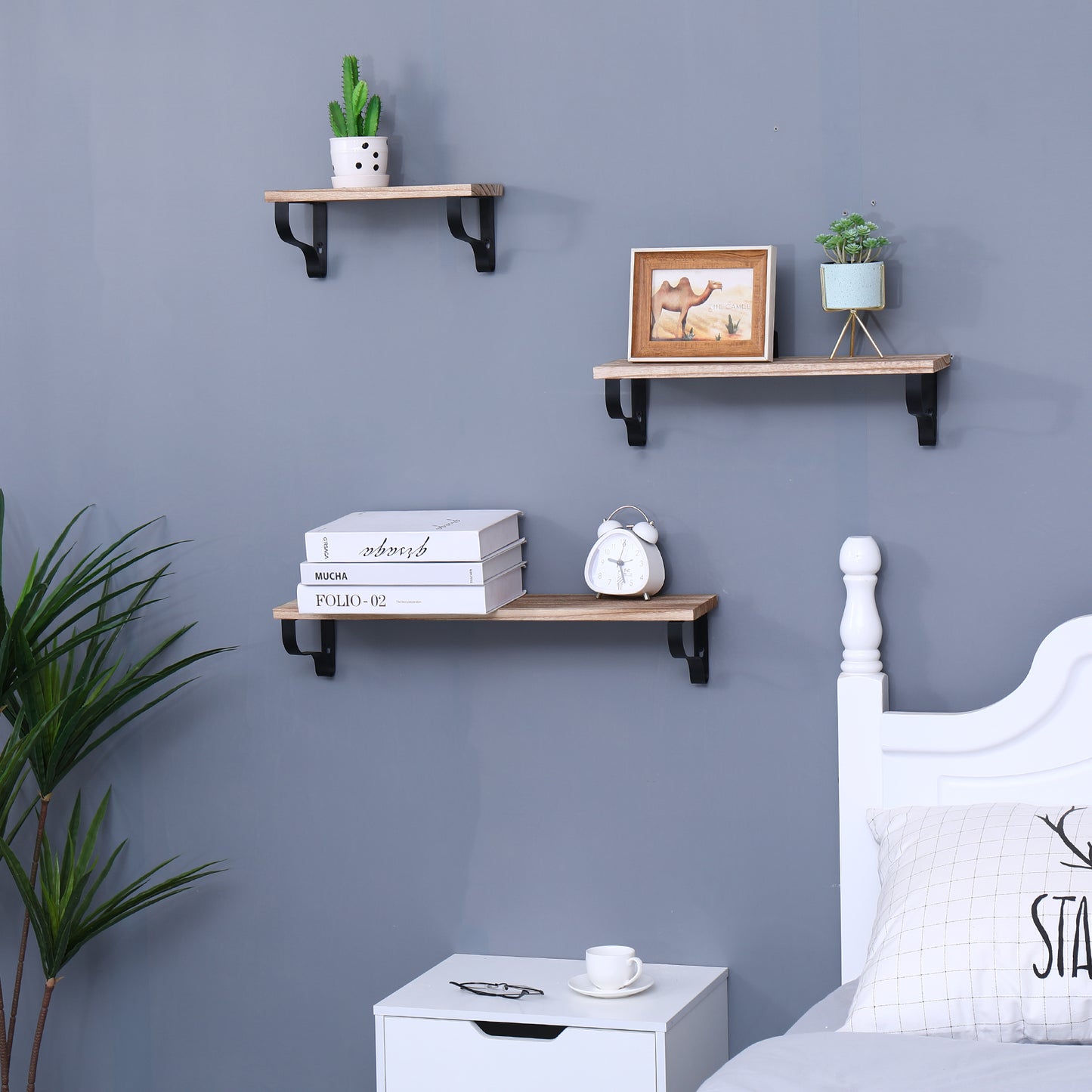Rustic wooden wall shelf with black bracket holding a potted cactus