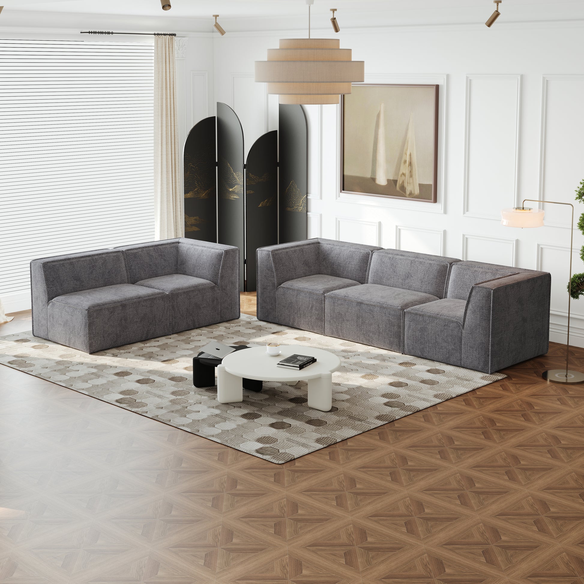 Grey fabric sectional sofa with modern low profile