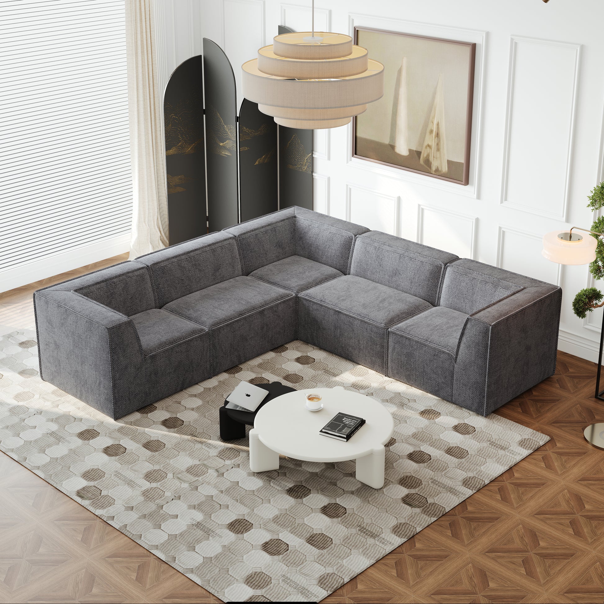 Modular gray fabric sectional sofa with deep seats and clean lines for modern living rooms