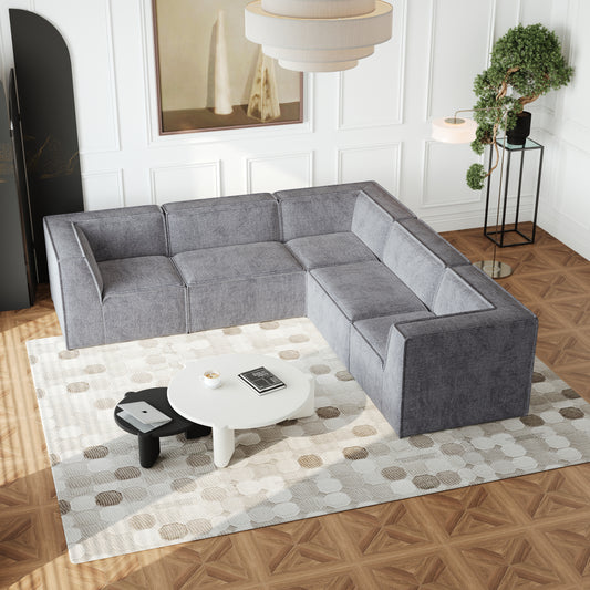 Gray fabric sectional sofa with clean lines in a modern living room