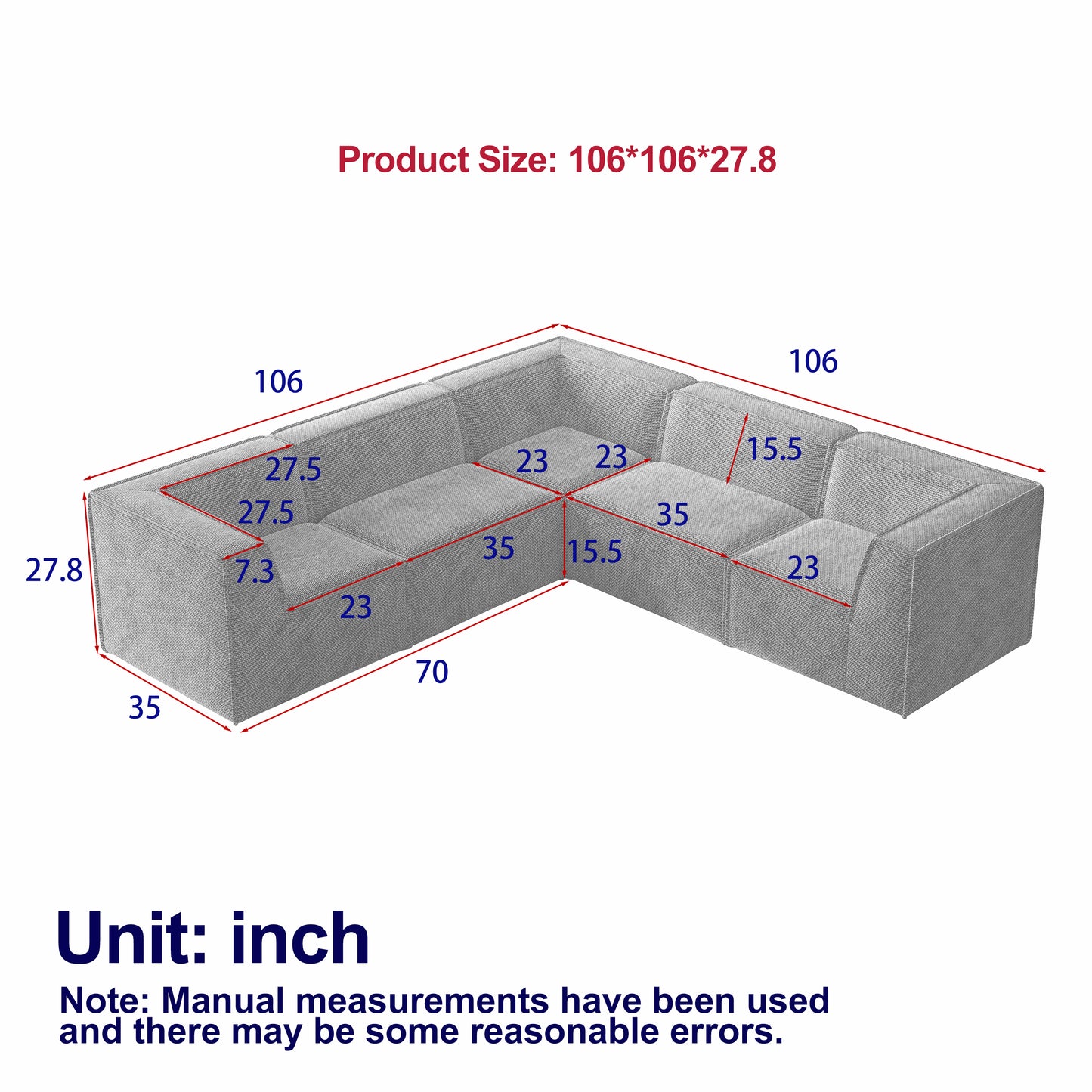 Gray fabric sectional sofa with dimensions labeled xx