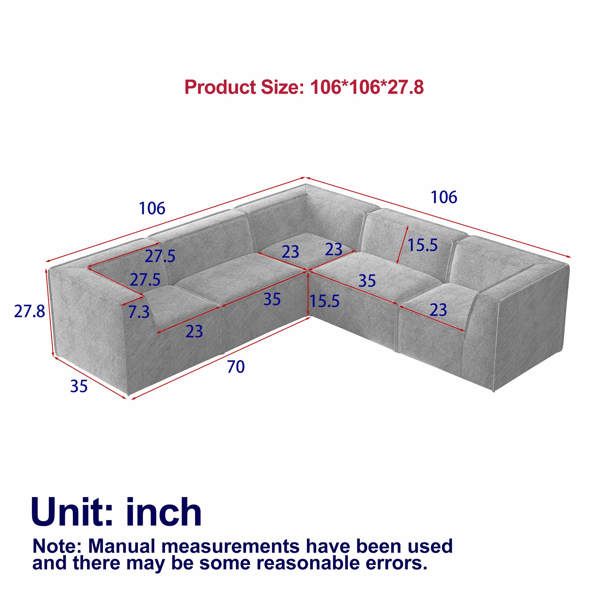 Gray fabric sectional sofa with dimensions labeled xx