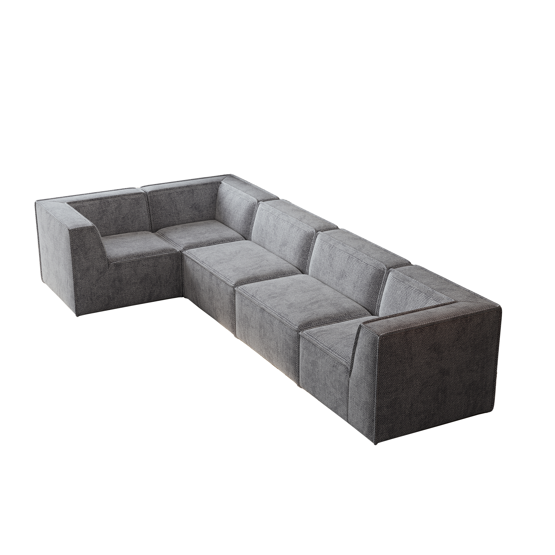 Modern grey fabric sectional sofa with clean lines and blocky arms
