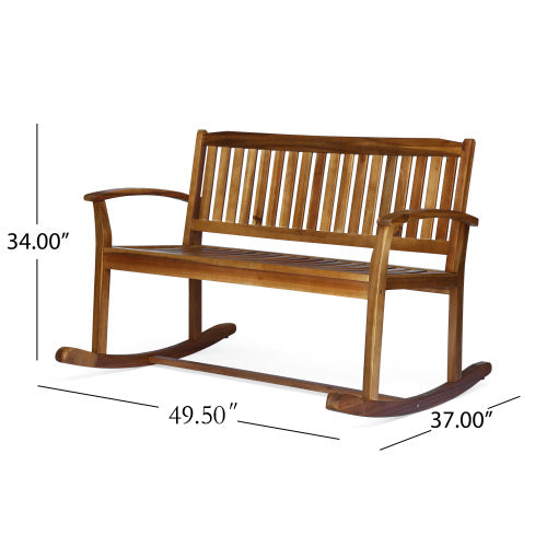 Wooden rocking bench with slatted seat and back