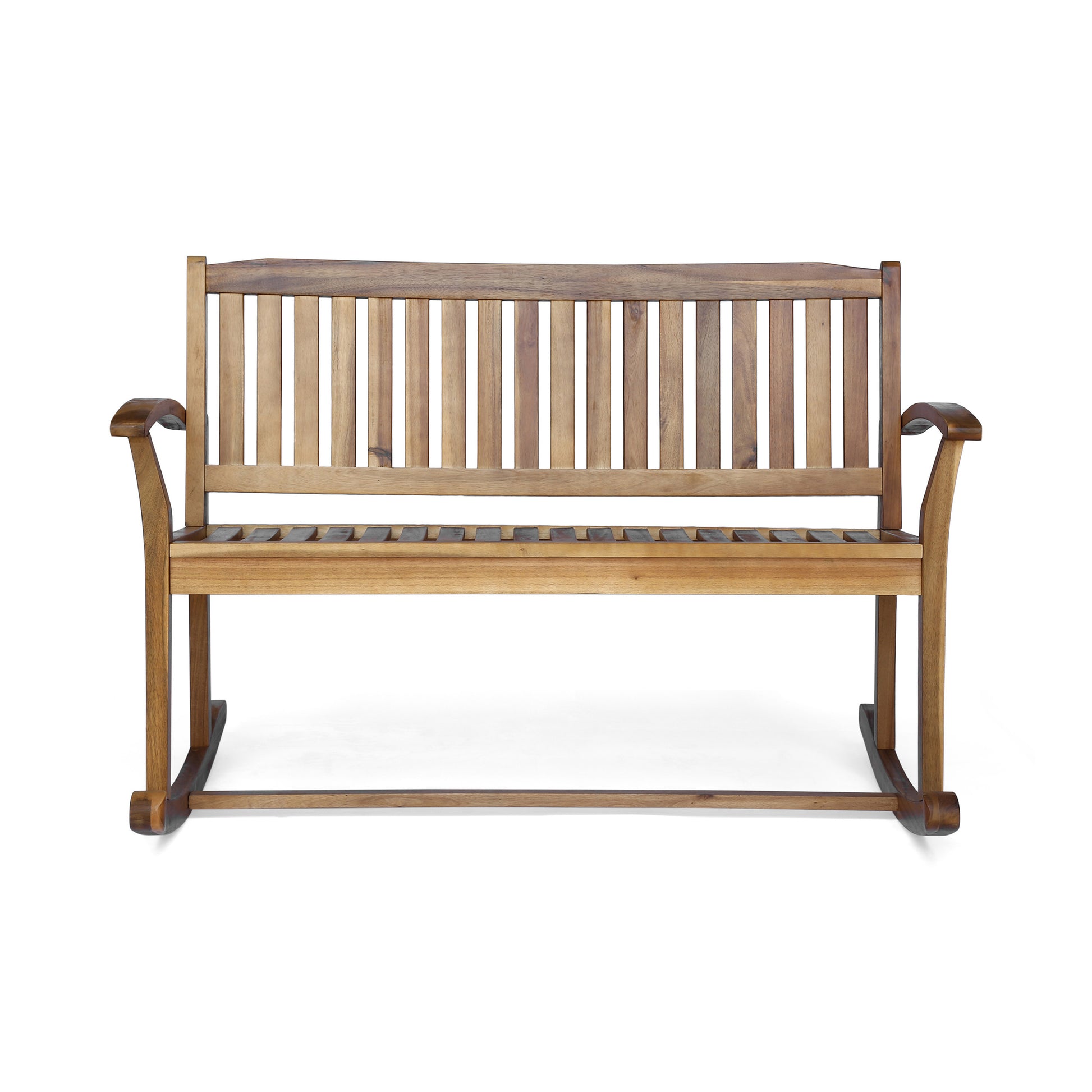 Wooden rocking garden bench with slatted seat and backrest