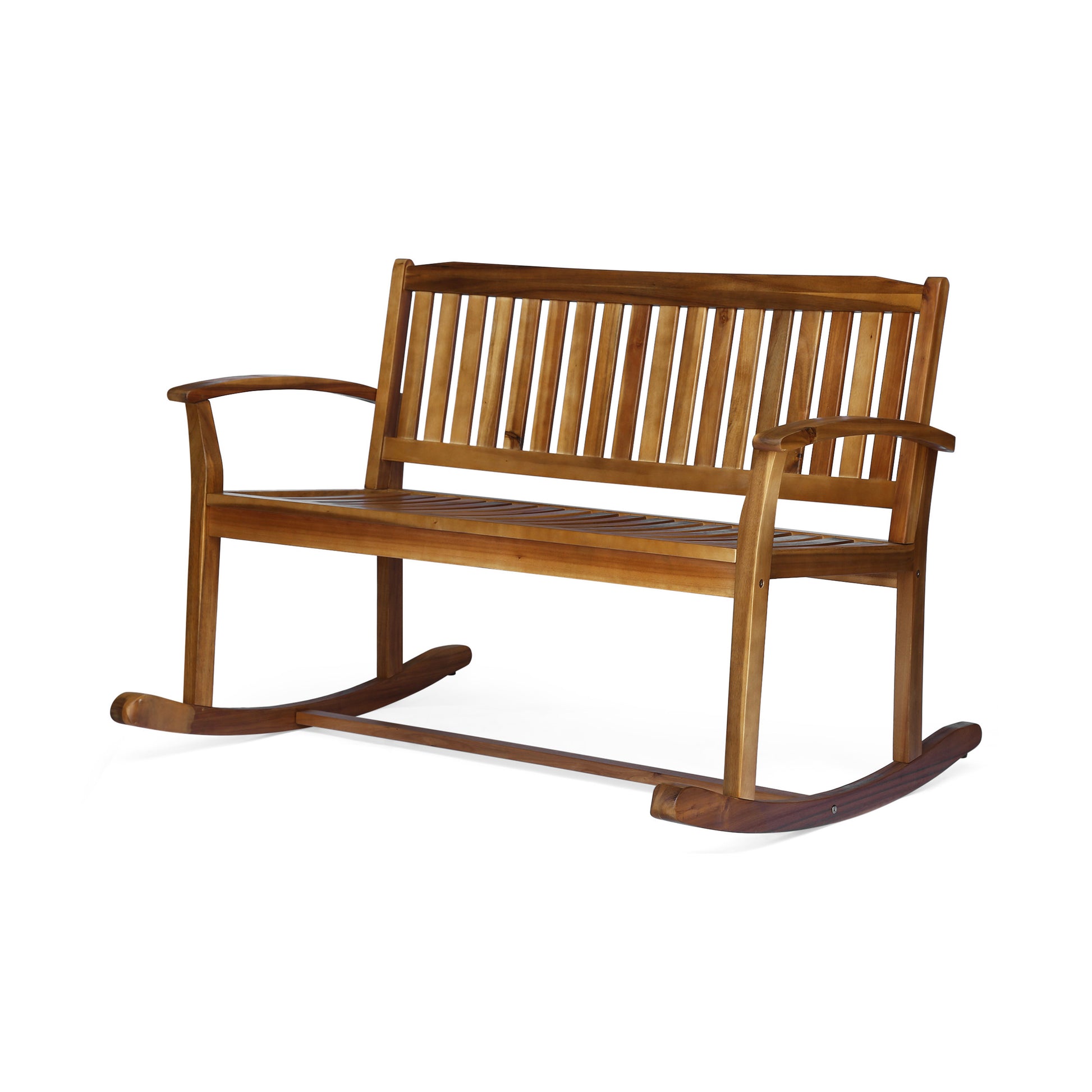 Wooden twoseater rocking bench with slatted back and seat for outdoor seating